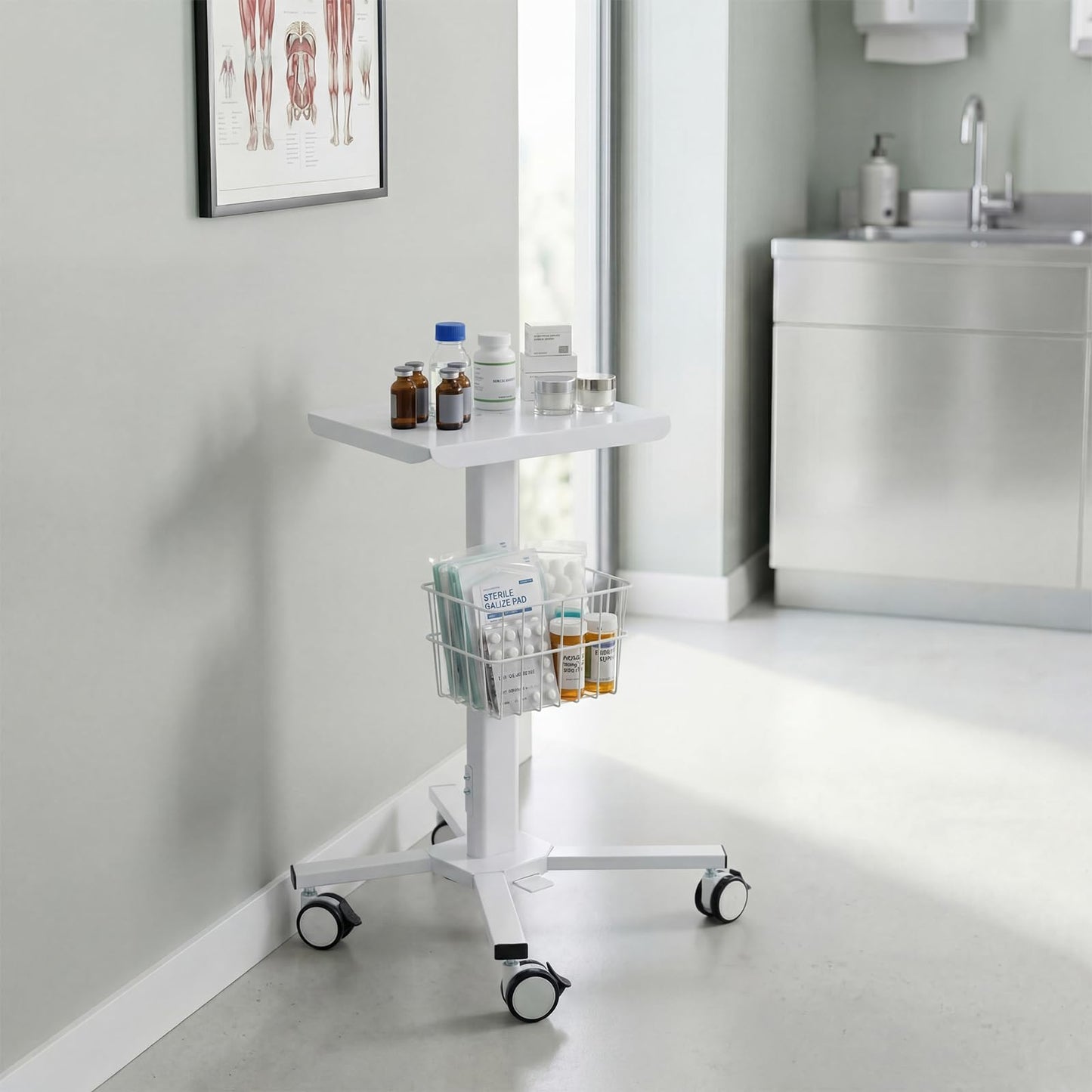 15.8" x 15.2" Medical Laptop Workstation Trolley Cart with Wheels Height Adjustable Medical Cart with Storage Basket Load for Dental Clinic, Home Office, Salon Hospital, Lab Use (Heavy Duty)