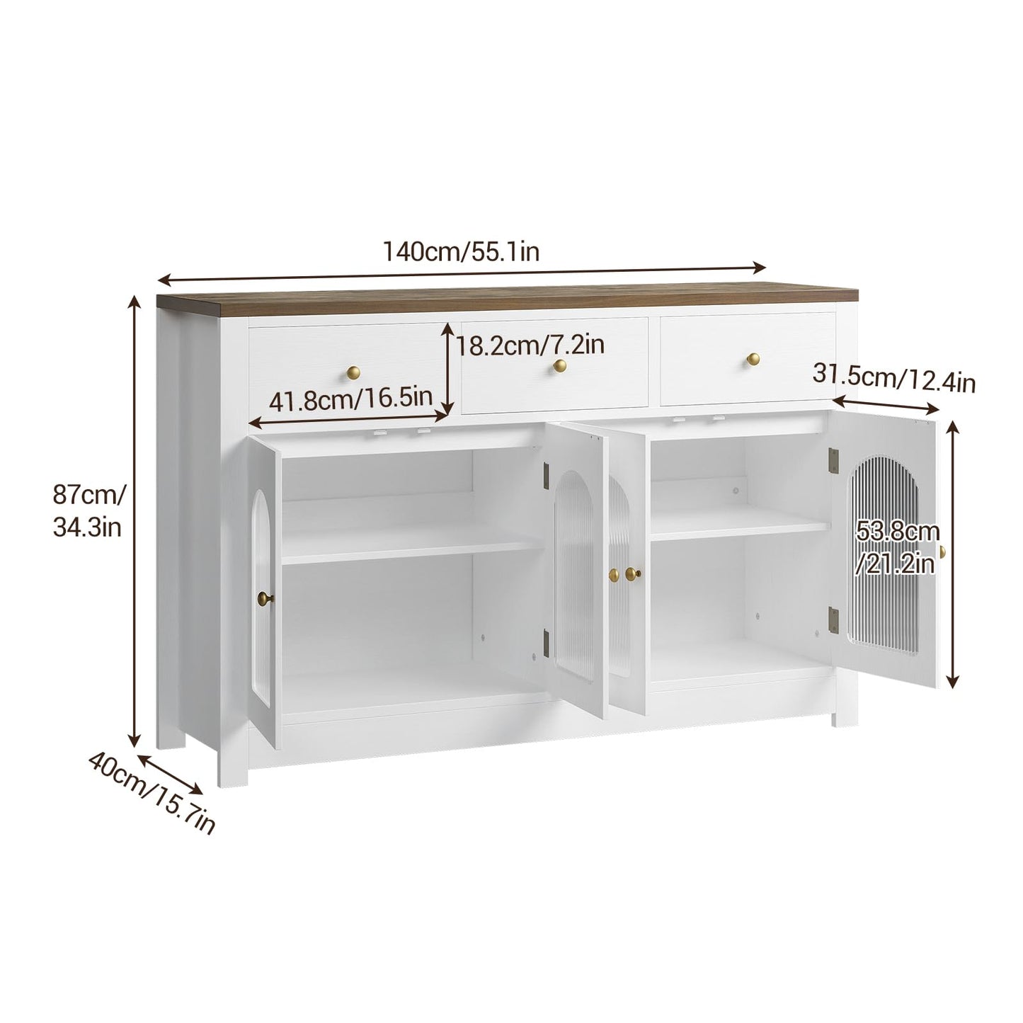 Farmhouse Large Buffet Sideboard Cabinet with 4 Doors & 3 Drawers, Kitchen Cabinet Display Cabinet with Adjustable Shelf, Wine Buffet Cabinet with Storage for Dining Room, Living Room, White