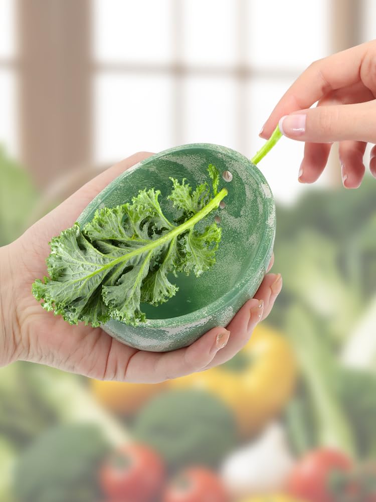 Pottery Herb Stripper Bowl, Handmade Herb Stripper Ceramic Bowl with 4-Slot Different Hole Sizes for Kale, Herbs & Broccoli, Efficient Peeling Off the Leafy Assembly(Green)