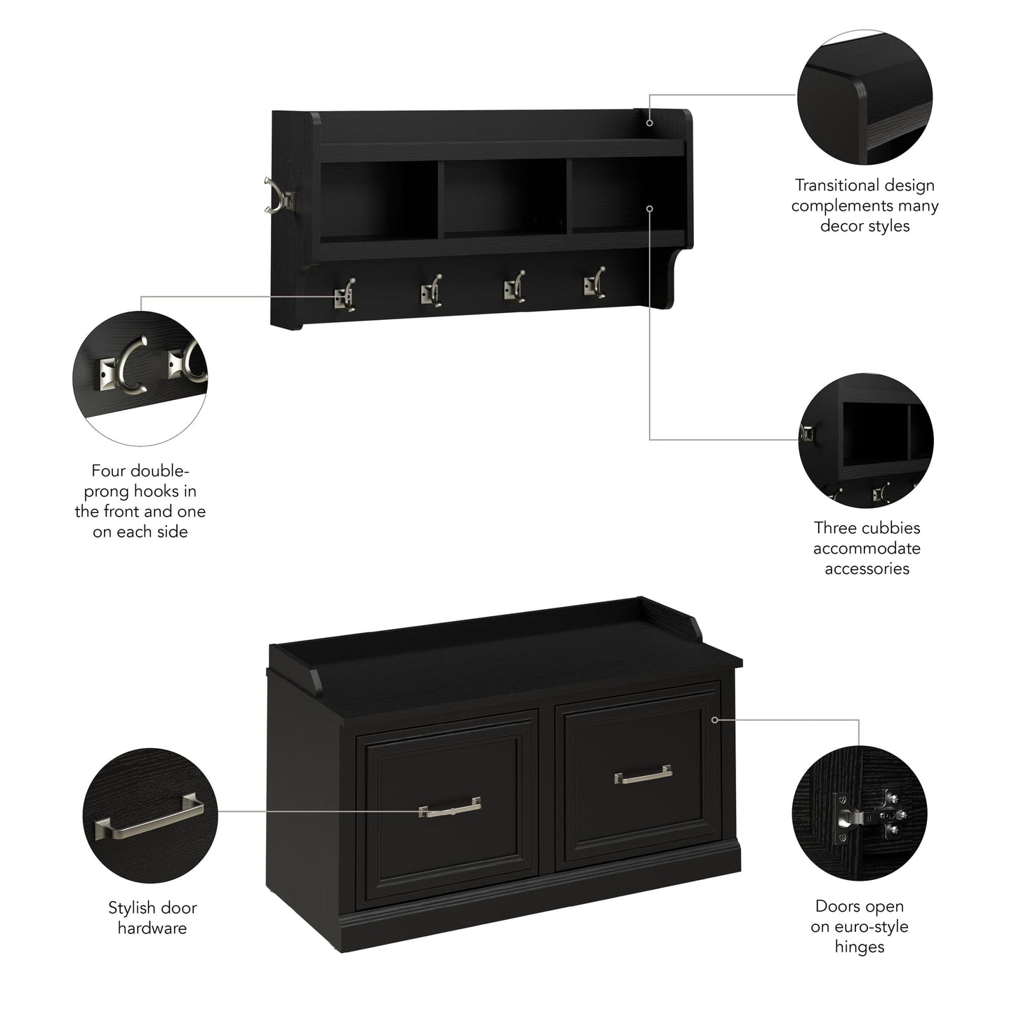 Bush Home Woodland 40W Shoe Storage Bench with Doors and Wall Mounted Coat Rack in Black Suede Oak | Foyer, Mudroom, Entryway Organizer