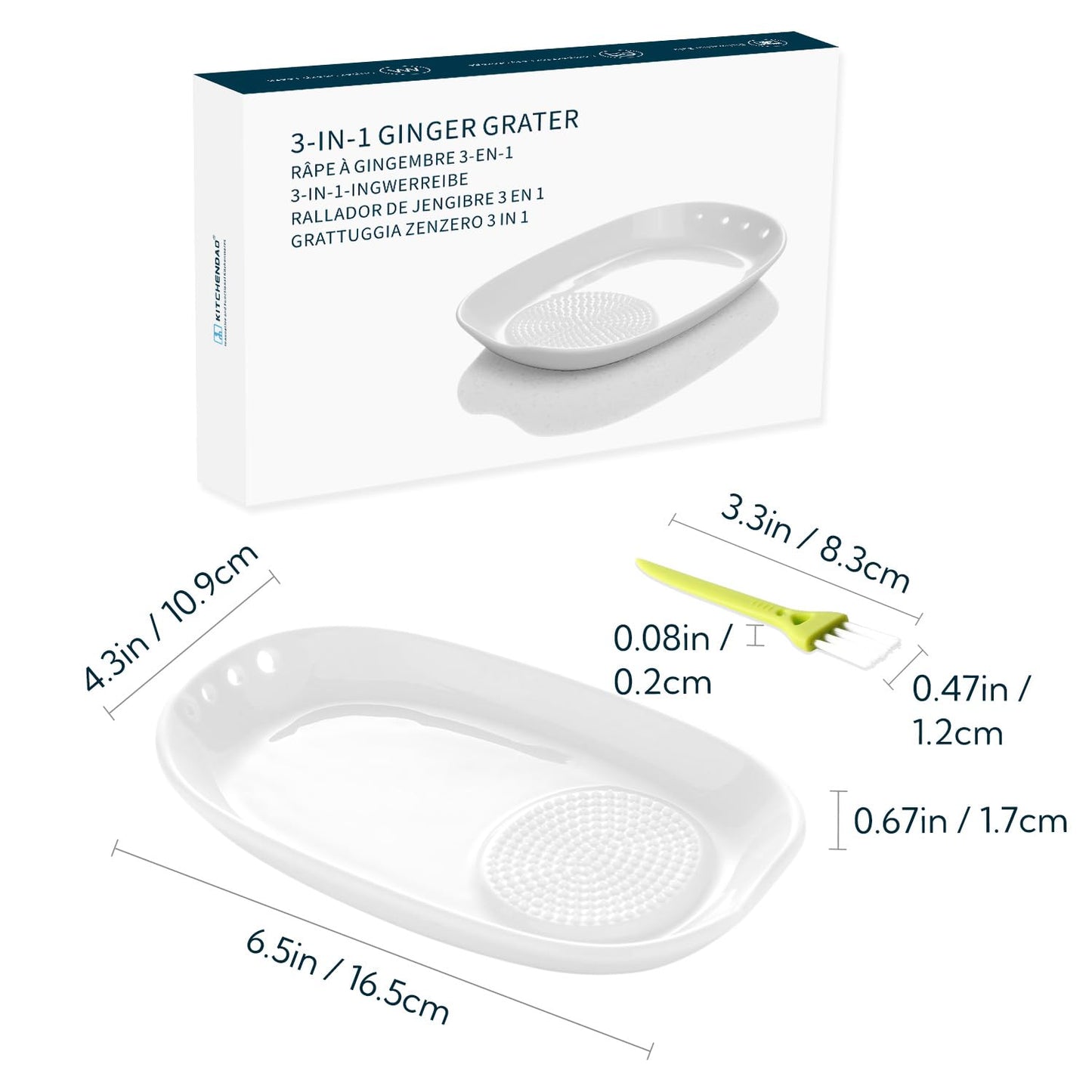 KITCHENDAO 3 in 1 Porcelain Ginger Grater Tool Spoon Rest Herb Stripper, 6.5 x 4.3 inches for Kitchen, Japanese Ceramic Garlic Grinding Wasabi Grater Plate Dish for Daikon Radish & Parmesan Cheese