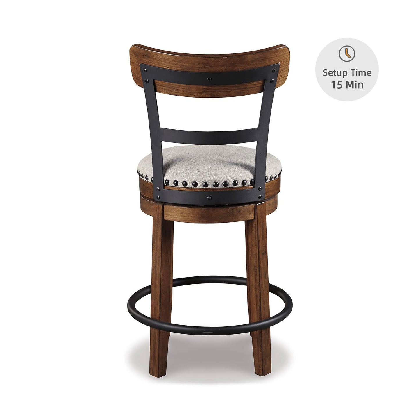 Signature Design by Ashley Valebeck Swivel Barstool With Back, Rustic-Industrial Wood and Metal, 360-Degree Swivel Counter Height Stool for Kitchen Island Seating, Linen Color