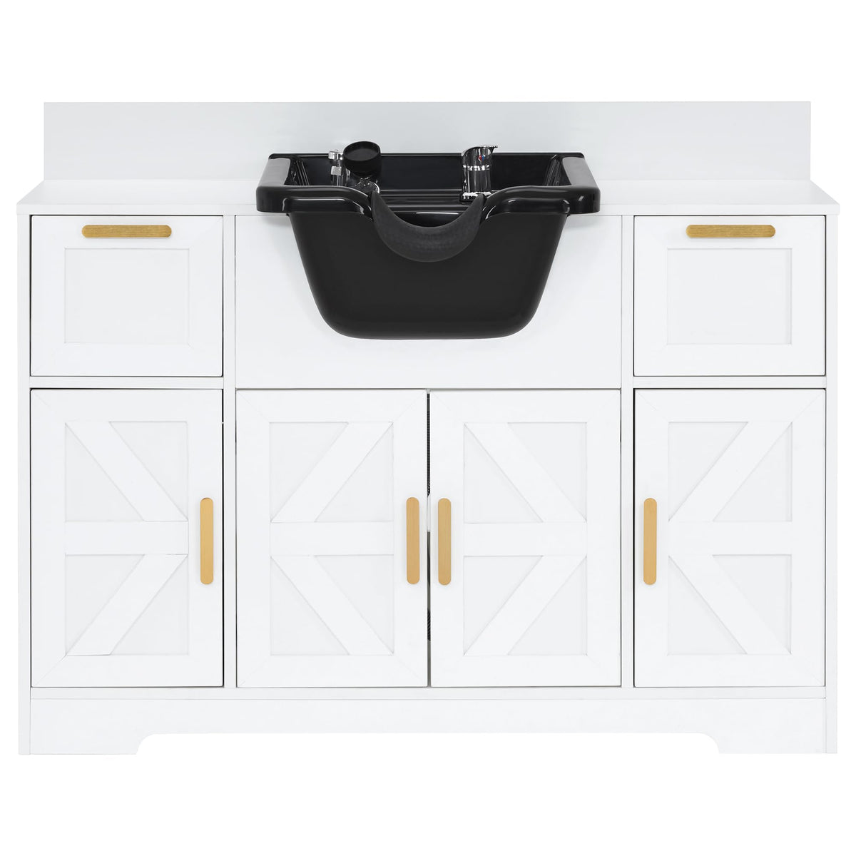 BarberPub Portable Shampoo Station, Shampoo Bowl with Cabinet & Drawer, Salon Geometric Finish Station with Sprayer Faucet, Barber Storage Equipment with Hair Wash Backwash Sink 3439 (White)