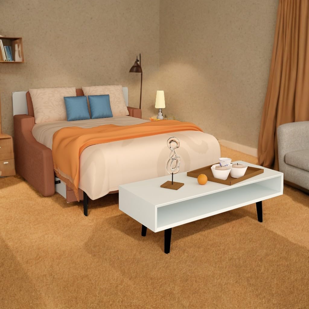 FAVSH Full Size Murphy Bed Cabinet with Loveseat Sofa, White Hidden Beds,Wall Bedframe w/Orange Couch for Bedroom,Space-Saving, Noise Free