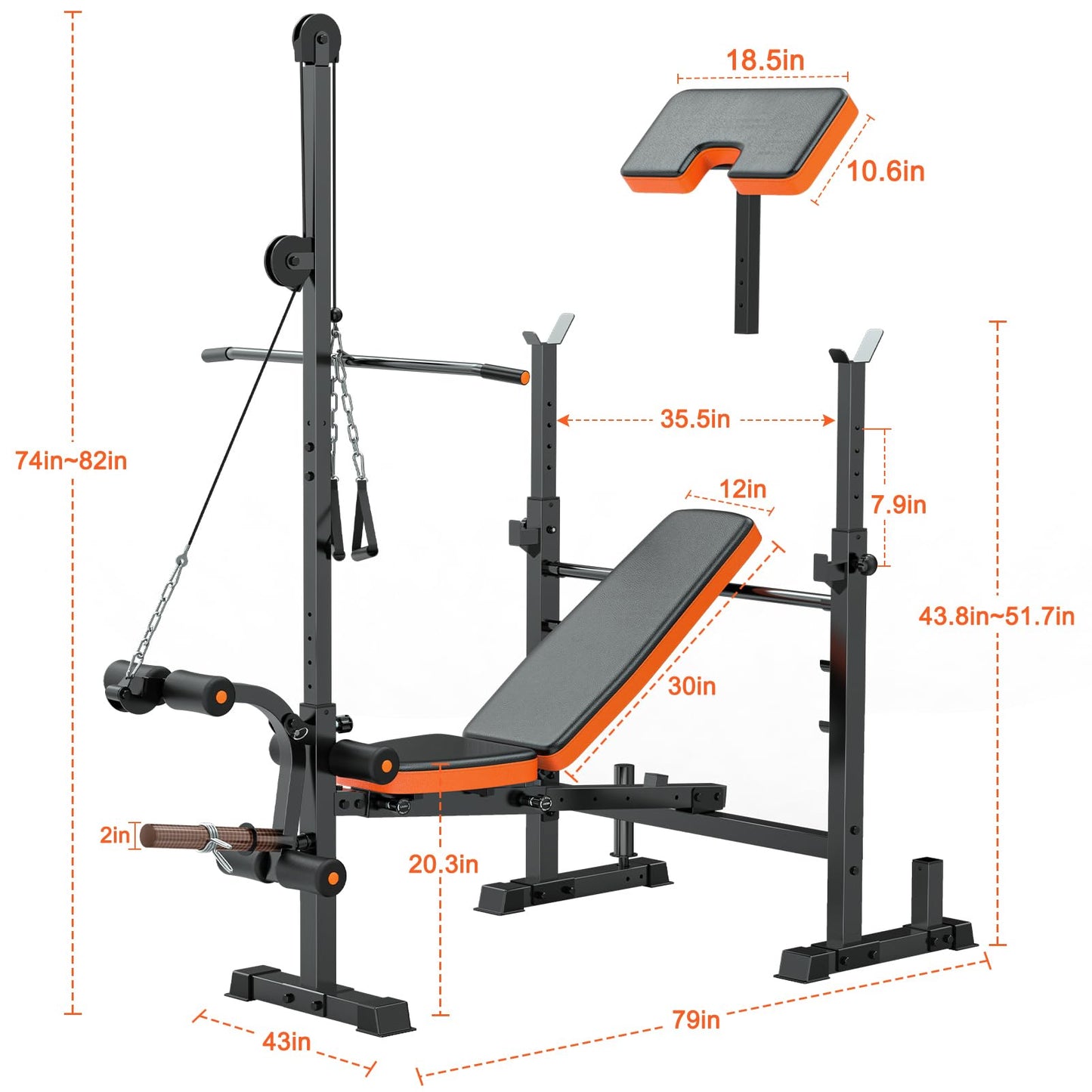 Fostoy 8-in-1 Adjustable Olympic Weight Bench with Lat Pulldown, Row, Squat Rack & Leg Curl โ MultiFunction Strength Training Bench Press for Adjustable Seat for Home Gym(8in1 Olympic Weight Bench)