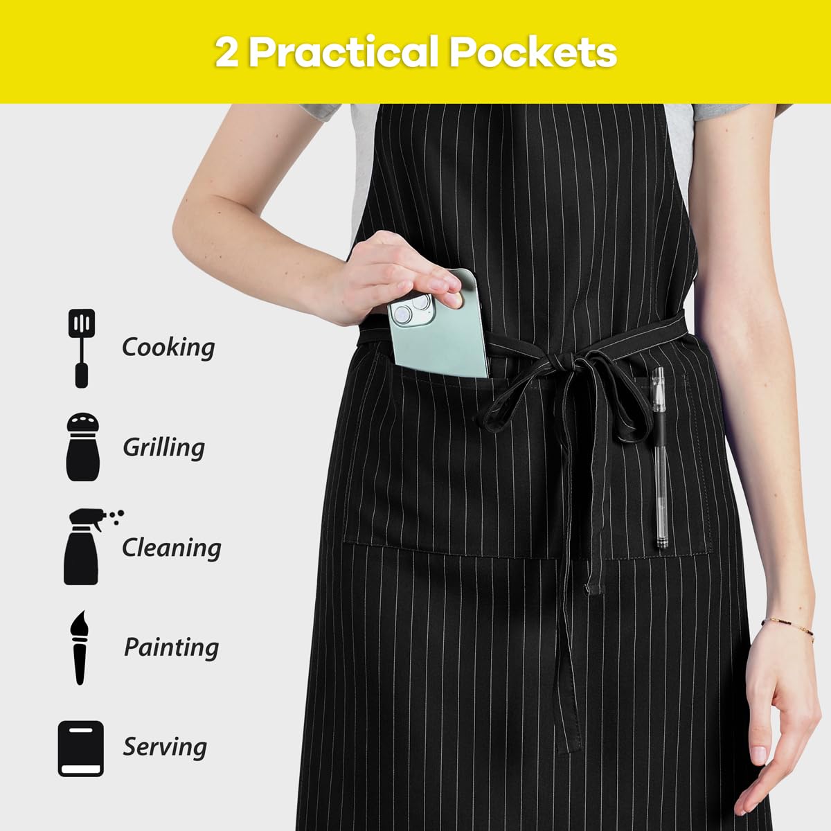 ROTANET Stripe Stretch Apron for Men Women Chef Big and Tall Large Striped Aprons with Pockets for Kitchen Cooking Waterproof Black