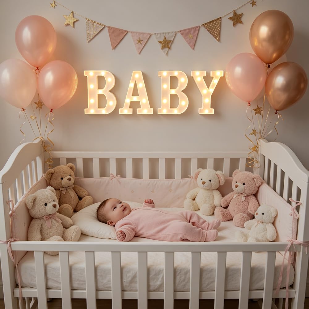 CDIXlmuz Baby Shower Marquee Letters - 4Pcs 8.6in Light Up Sign for Gender Reveal, Birthday, Nursery Home Table Decorations - Battery Operated Plastic Led Lights with On/Off Switch (White)
