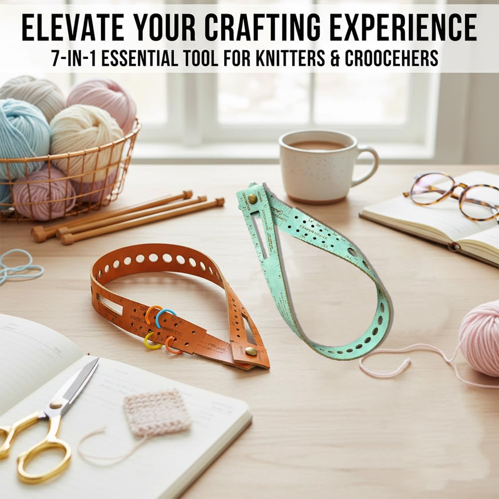 7-in-1 Knitting & Crochet Gauge Measuring Tool-18 Stitch Counter Wrist Wrap, Multifunctional Leather Measuring Tool, Knitting Needle Sizer & Stitch Marker,Knitting,DIY Crafts,2 Pack(Brown, Turquoise)