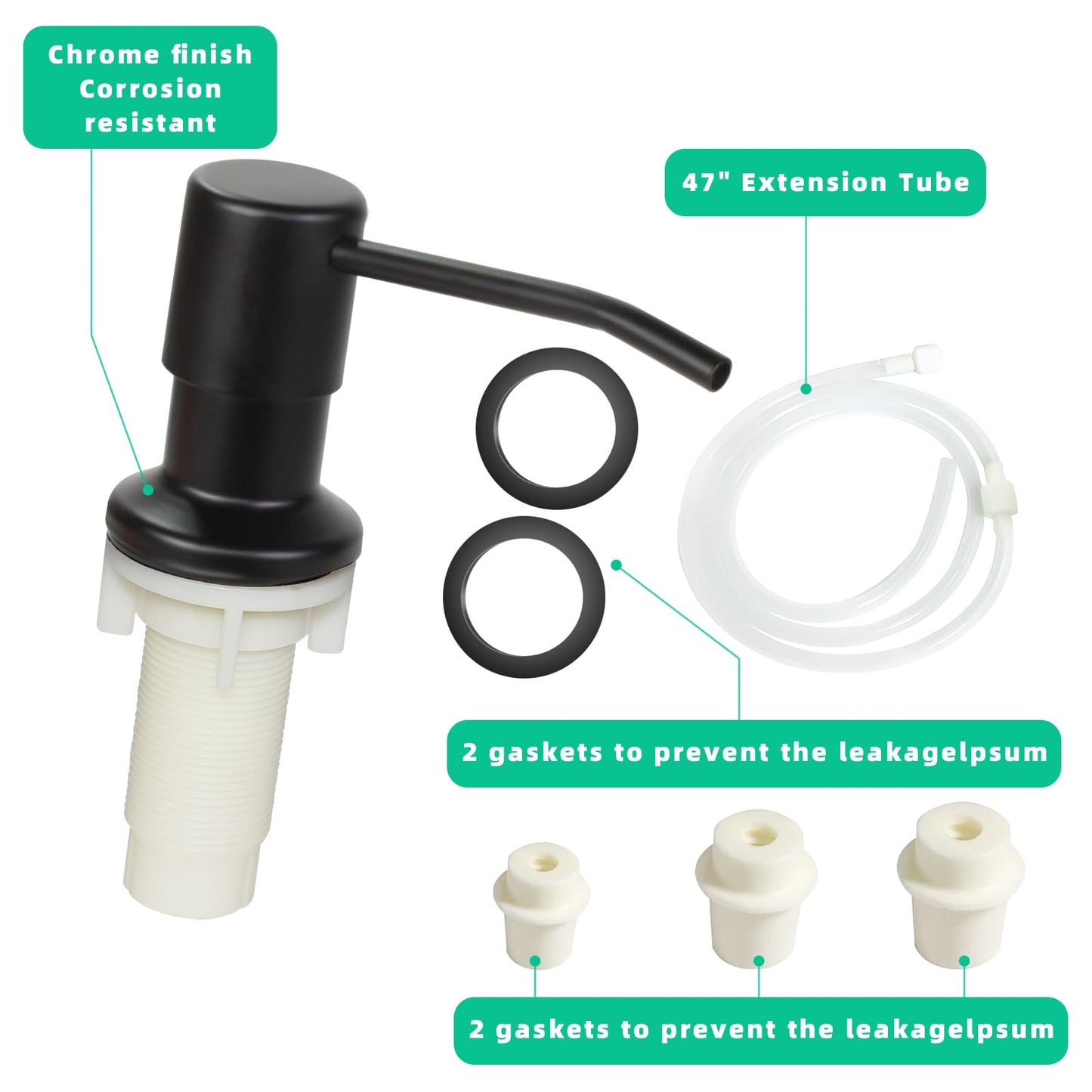 Soap Dispenser for Kitchen Sink, Built in Sink Soap Dispenser, Countertop Soap Dispenser Pump with 47" Extension Tube kit, No Need to Fill Little Bottle Again, Black