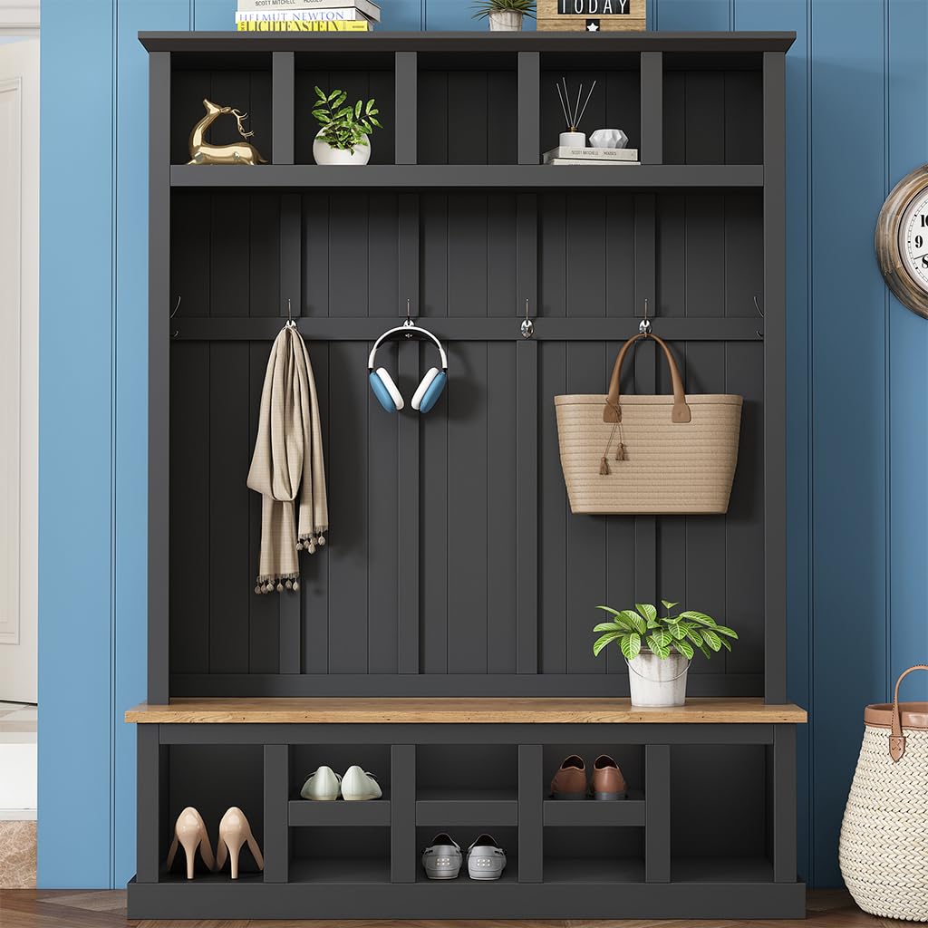 Hall Tree with Bench and Shoe Storage, 3-in-1 Entryway Furniture with Shoe Bench, 13 Open Compartments and 6 Hooks, Multifunction Hall Tree for Hallway, Entryway, Bedroom, 18"D x 59"W x 78.8"H,Black
