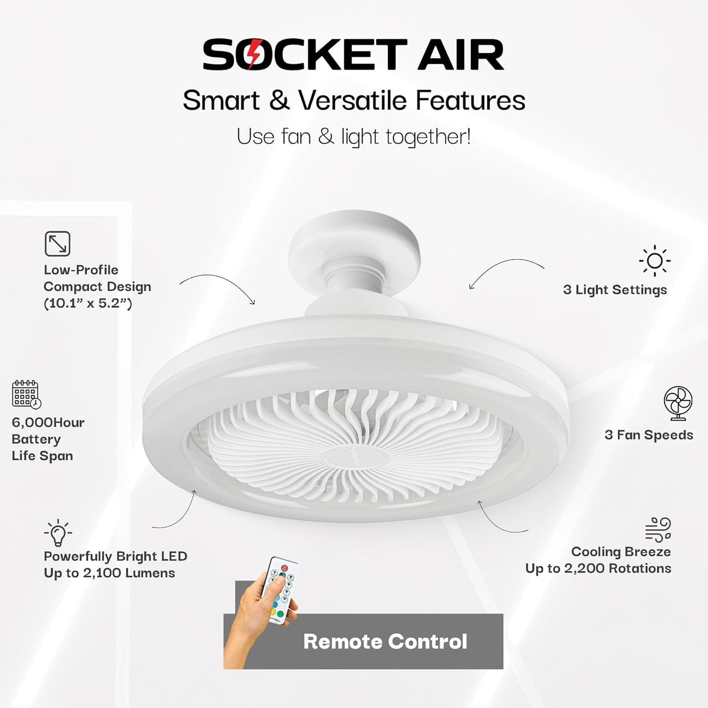 Bell+Howell SocketAir Wireless Ceiling Fan Light with Remote Control, Extender,110-120 Volt, 2100 Lumens, 3 Fan Speeds, 3 Light Settings, 6500K for Living, Dining, Working Space ASON TV