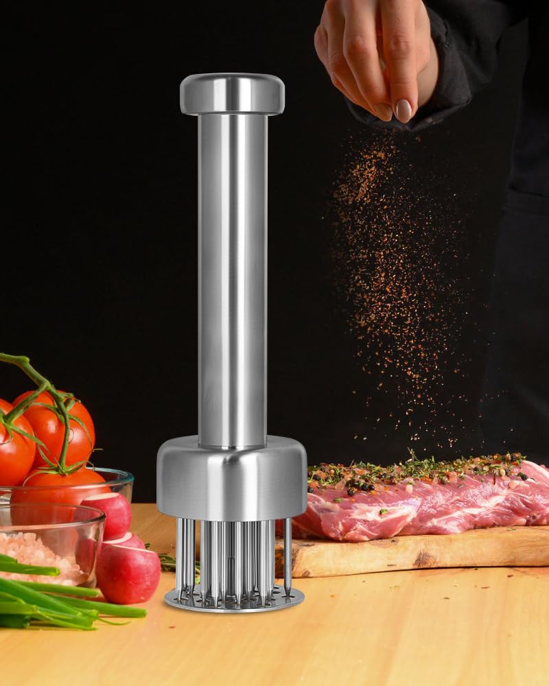 Brigii Meat Tenderizer Tool, 304 Stainless Steel, with 21 Needles & Retractable Safety Guard, for Tenderizing Beef, Turkey, Chicken, Steak, Dishwasher Safe