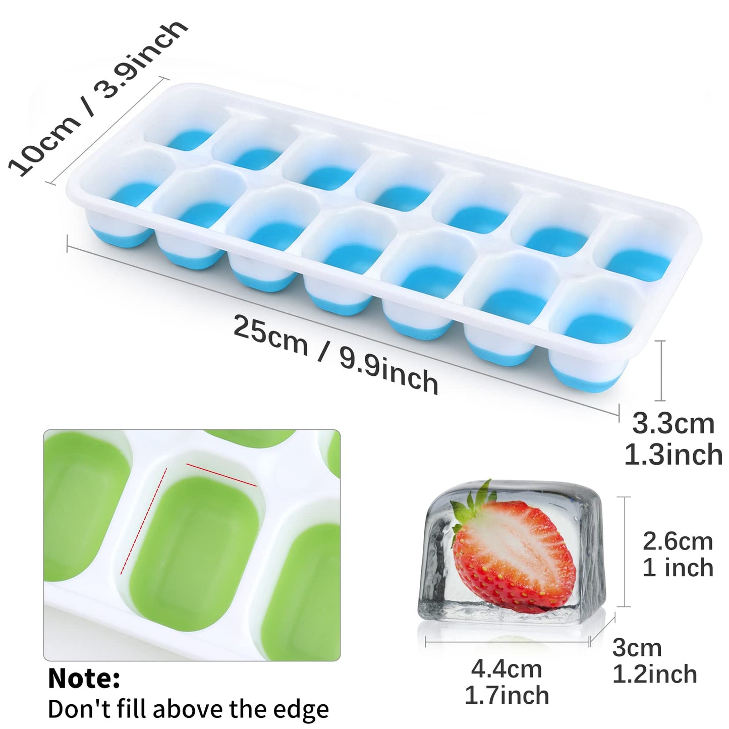 Silicone Ice Cube Tray, 8 Pack Easy-Release & Flexible 14-Ice Cube Trays with Spill-Resistant Removable Lid, Stackable Ice Trays with Covers for Freezer, Cocktail (4 Blue + 4 Green)