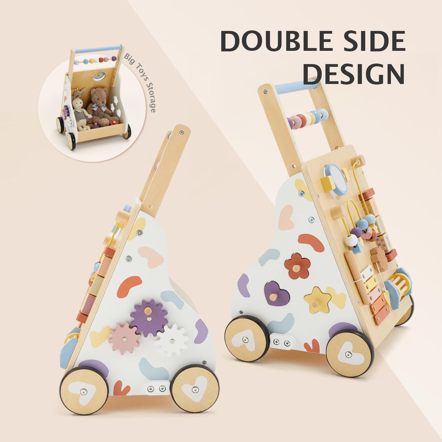 Frogprin Wooden Baby Walker, Baby Push Walker, Montessori Walker Toy for Babies 12M+ Learning to Walk & Sit-to-Stand, Adjustable Speed Walkers for Boys, Baby Activity Center with Sensory Toy for Girls