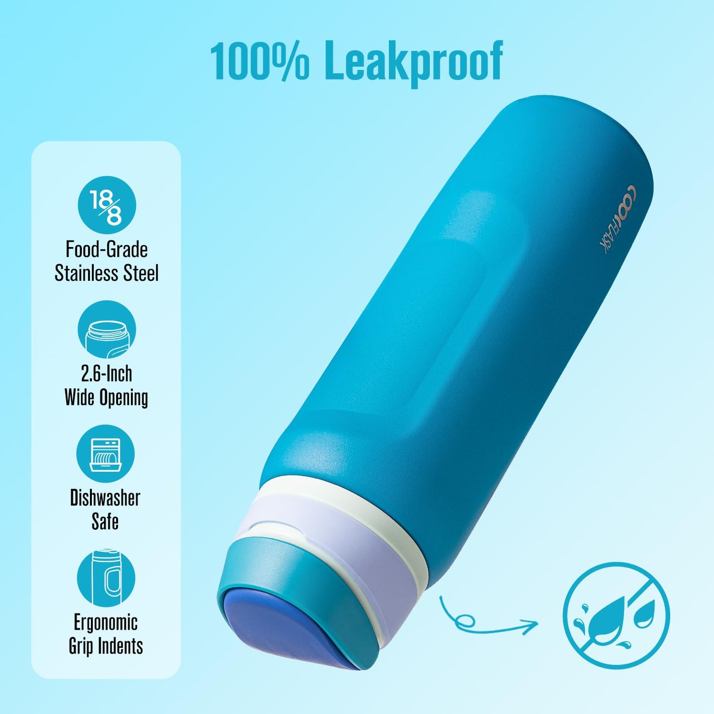 Coolflask MegaSip Insulated Water Bottle 40 oz with Straw, Stainless Steel Water Bottles Leak-Proof, 24+ Hours Cold, BPA-Free Dishwasher Safe, Water Flask for Sports Gym Work Office, Scuba Blue