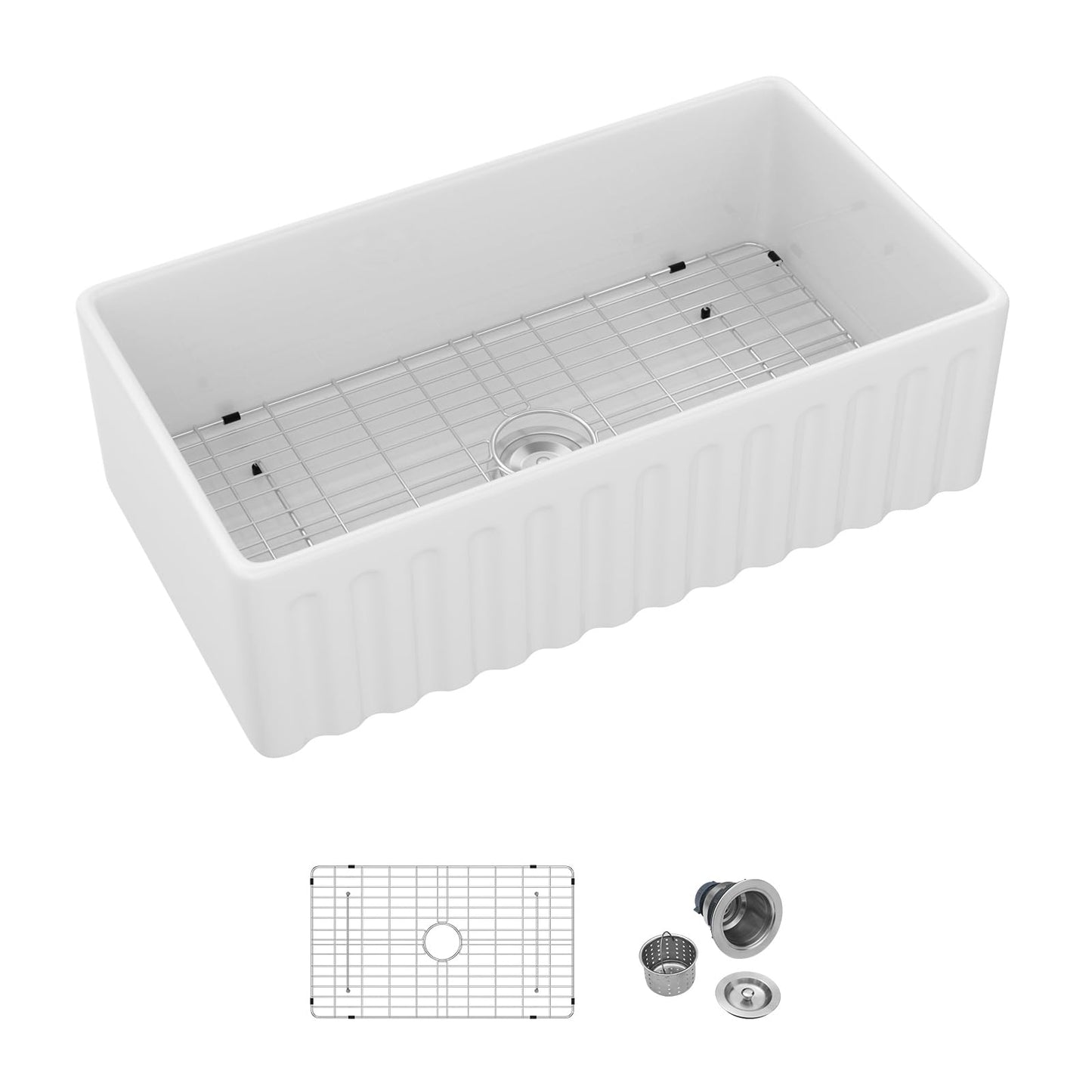 Couoko White Farmhouse Sink 33 Inch Fireclay Reversible Apron Front Farm Sink 33"x18"x10" Glossy White Porcelain Farms House Style Single Bowl Farmhoues kitchen Sinks with Luxury Accessories