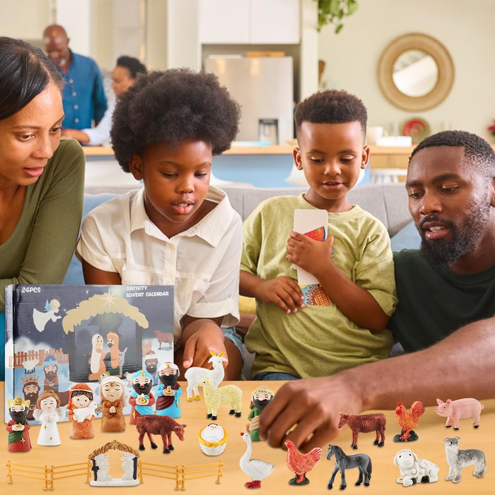 Nativity Scene Advent Calendar, 24 Days Countdown Set with Miniature Figures & Animals, Religious Holiday Decor