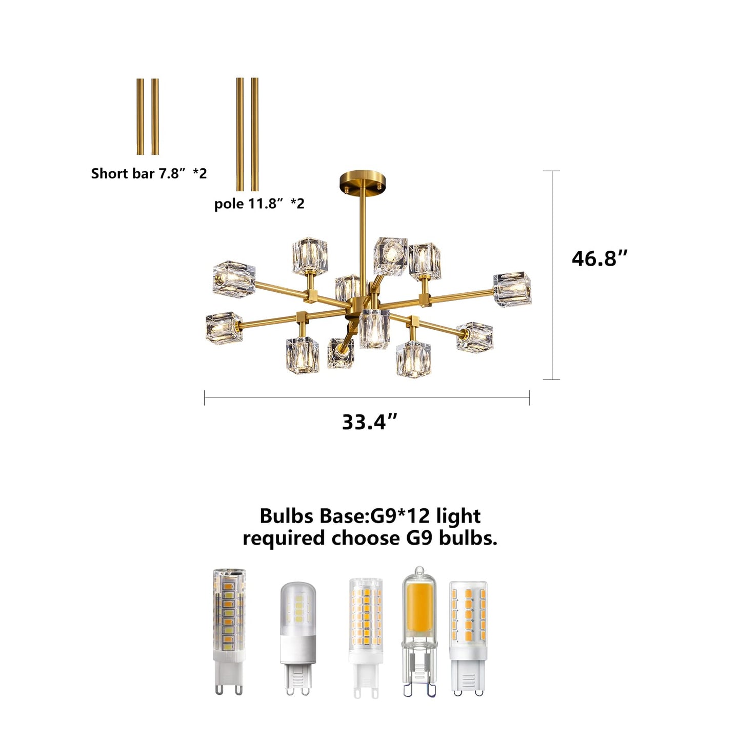OKES Crystal Chandeliers for Dining Room Light Fixtures,Gold Sputnik Chandelier with 12-Lights,Modern Adjustable Height Semi Flush Mount Ceiling Light Fixture for Kitchen Island Bedroom Entryway