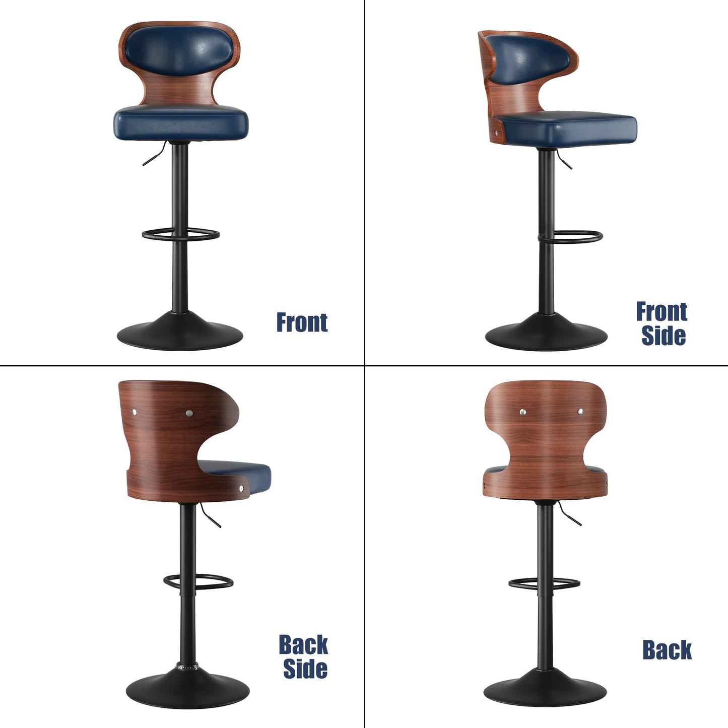 Daluvenix Bar Stools Set of 4 Adjustable Height Swivel Bar Stools Faux Leather Upholstered Bentwood Barstools with Back & Footrest Bar Chair for Dining Room Kitchen Blue