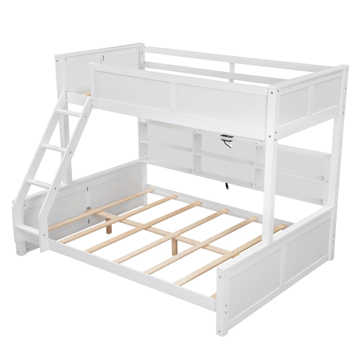 DNYN Twin XL Over Queen Bunk Bed with Storage for Kids/Adults,Solid Wood Bedframe w/Cabinets & USB Ports Design,Perfect for Bedroom, Guest Room, White
