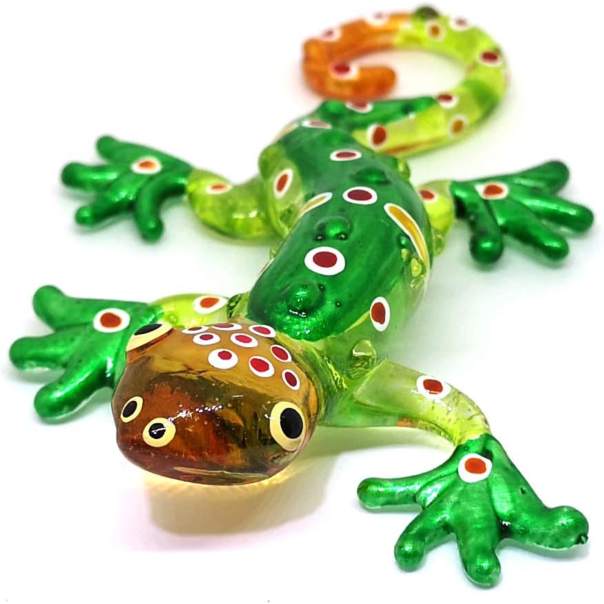 ZOOCRAFT Glass Gecko Figurine, Green Miniature Hand Blown Lampwork Animal Statue Decor