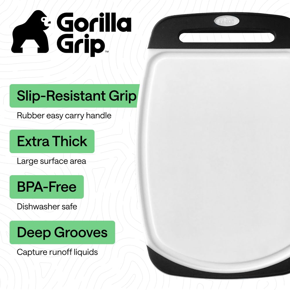 GORILLA GRIP BPA-Free Reversible Kitchen Cutting Board Set of 3, US Designed, Nonporous, Juice Grooves Catch Liquid, Slip Resistant Border, Dishwasher Safe, Durable Large Food Chopping Boards, Black