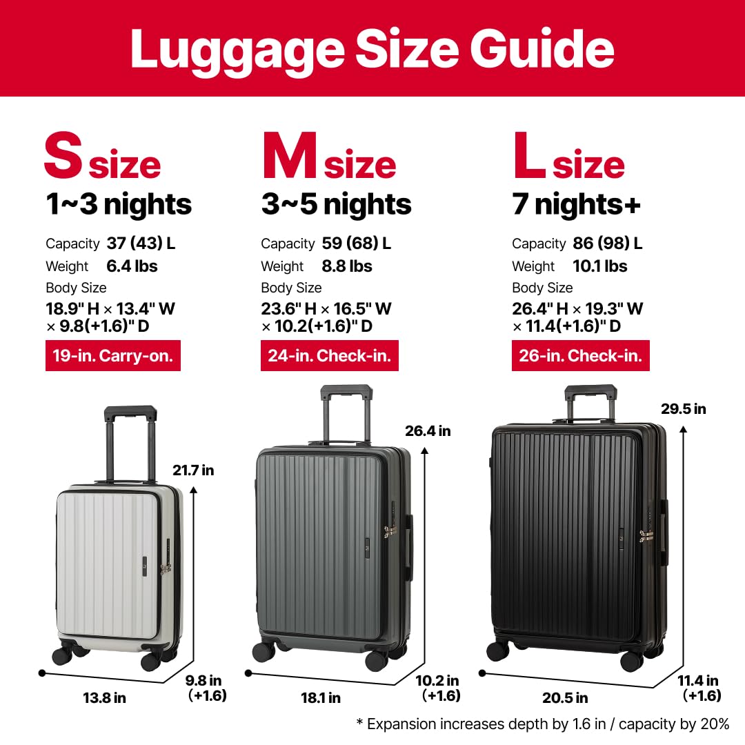 LEGEND WALKER 26" Large Checked Luggage, Front Opening Expandable Hardshell Suitcase with Spinner Wheels, TSA Lock, USB Port & Cup Holder, Black, 5524-67