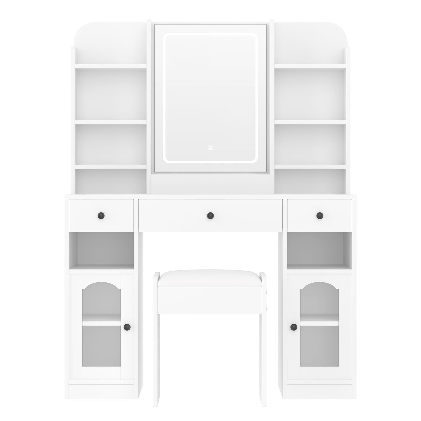 Merax 43.2" Vanity Desk with Mirror and Lights, Glass Top Vanity with RGB Glass Light Cabinets, Dressing Table with 3 Drawers, Storage Shelves and Stool