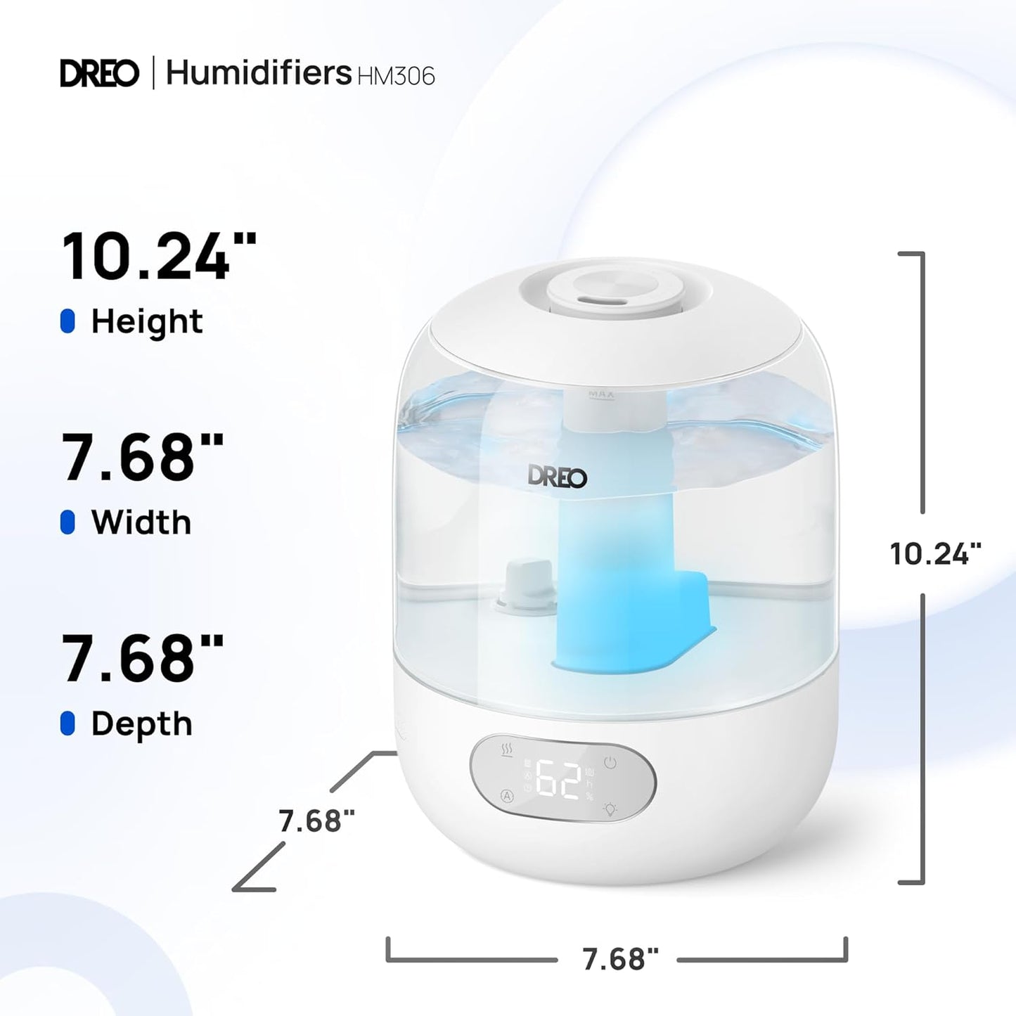Dreo Humidifiers for Bedroom, 3L Top Fill 30H & 26dB Quiet Runtime for Large Room, Cool Mist Ultrasonic Humidifier with Humidity Sensor, Night Light for Home, Baby, Nursery, Plants, 360ยฐ Nozzle, White