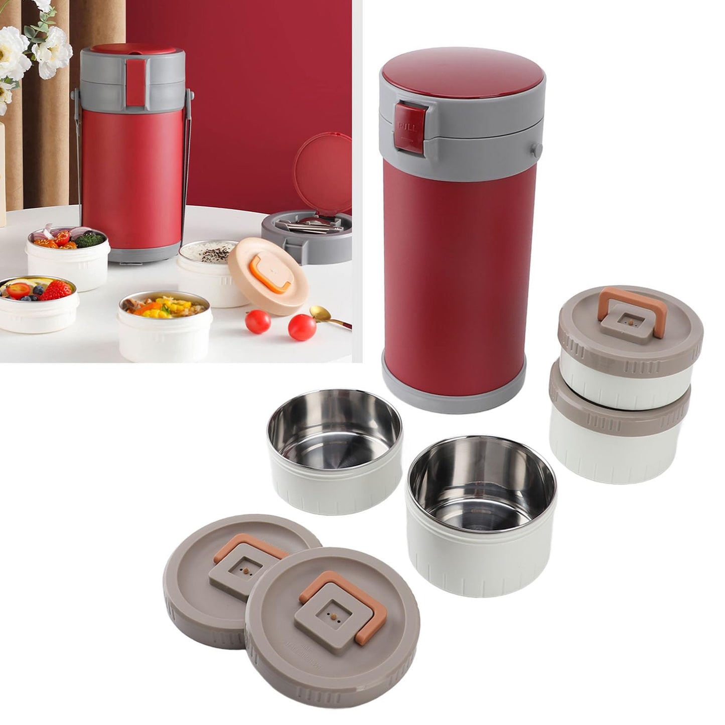 Oreilet for Hot Food, 304 Stainless Steel 2.9L Stackable Insulated Food Jar with 4 Tiers, Leak Proof Thermal Lunch Box Vacuum Carrier Soup Container for Office Outdoor