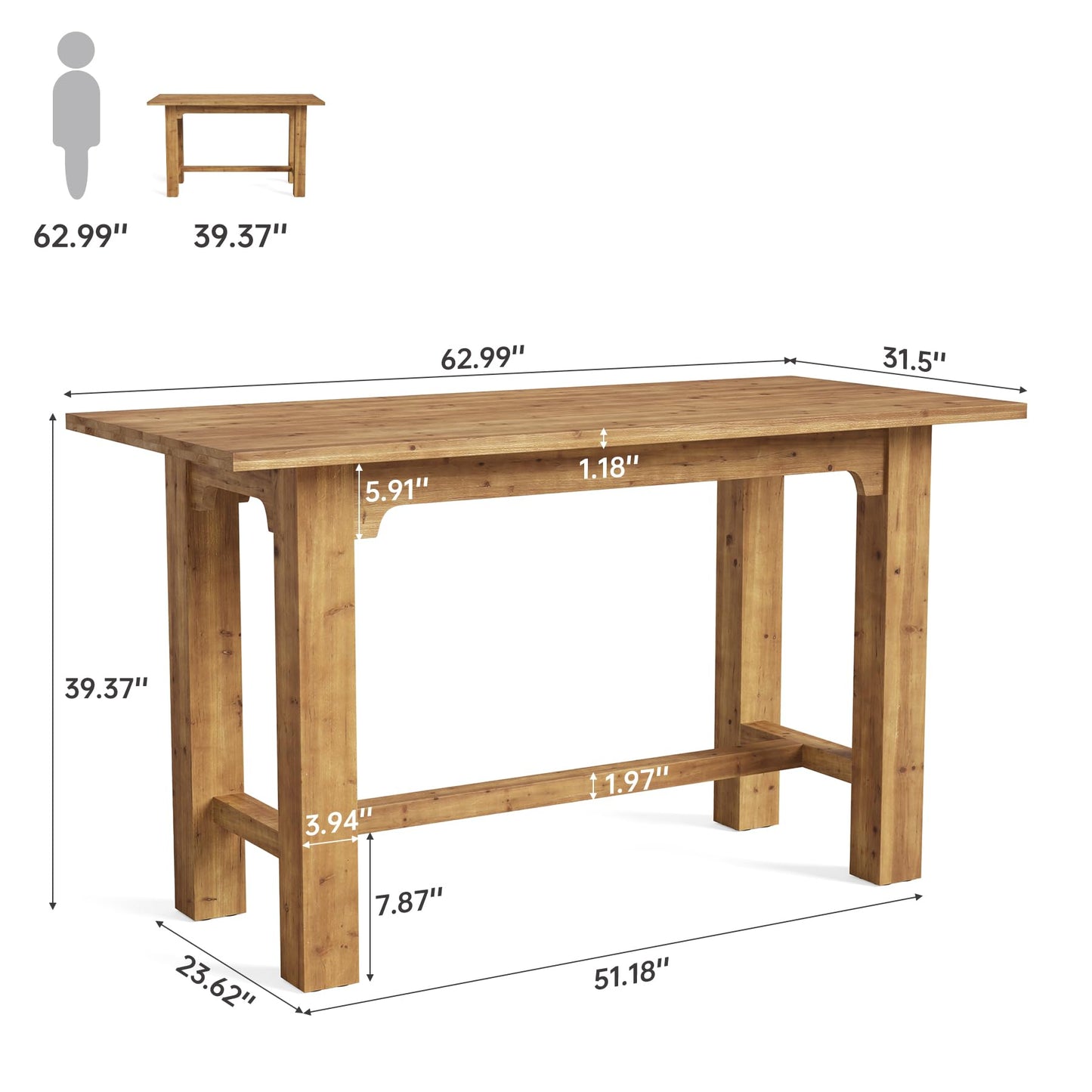TRIBEWOOD 63-Inch Counter Height Dining Table, Solid Wood bar Height Kitchen Table for Dining Room, Rectangular Home Bar Furniture with Natural Grain, Brown
