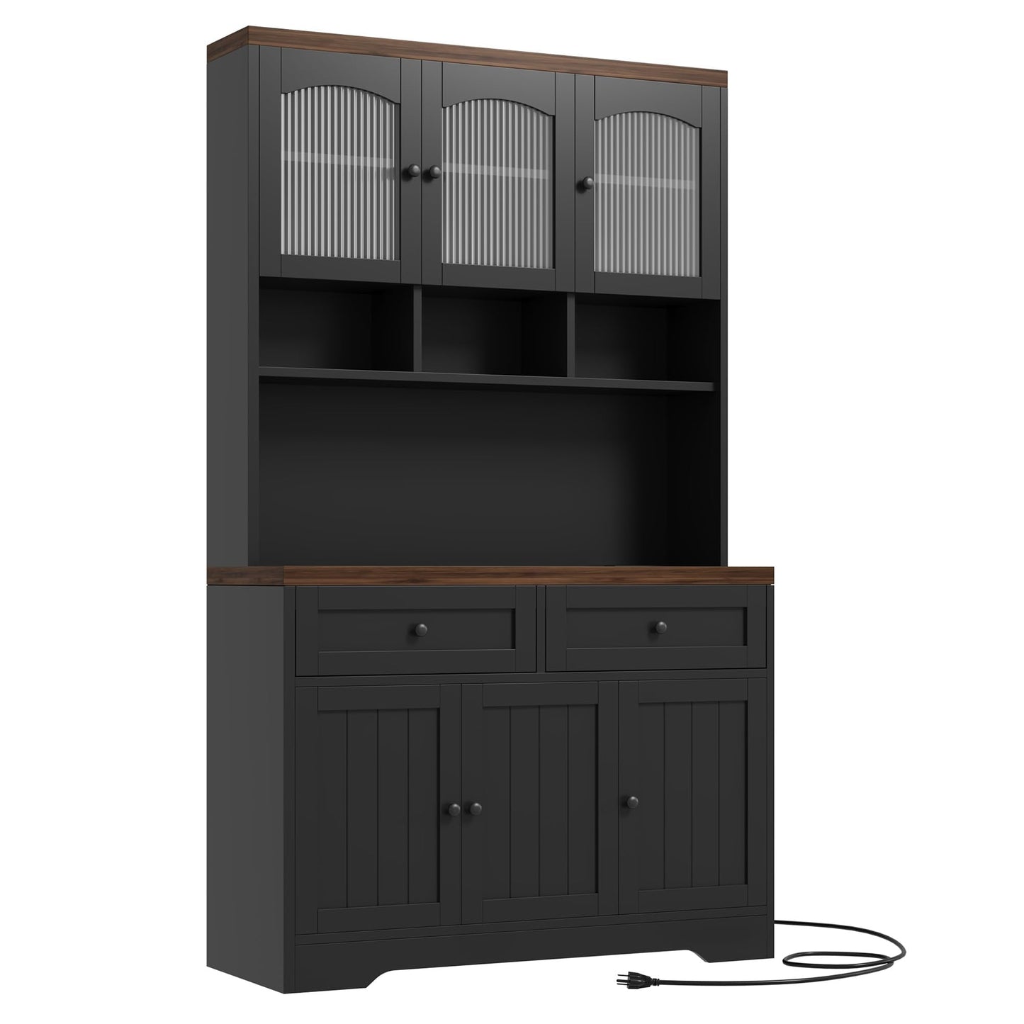 Garvee 71" Pantry Cabinet with Charging Station, Tall Kitchen Pantry Storage Cabinet with Microwave Stand, Farmhouse Kitchen Hutch with Storage Drawers for Living Room, Dining Room, Black