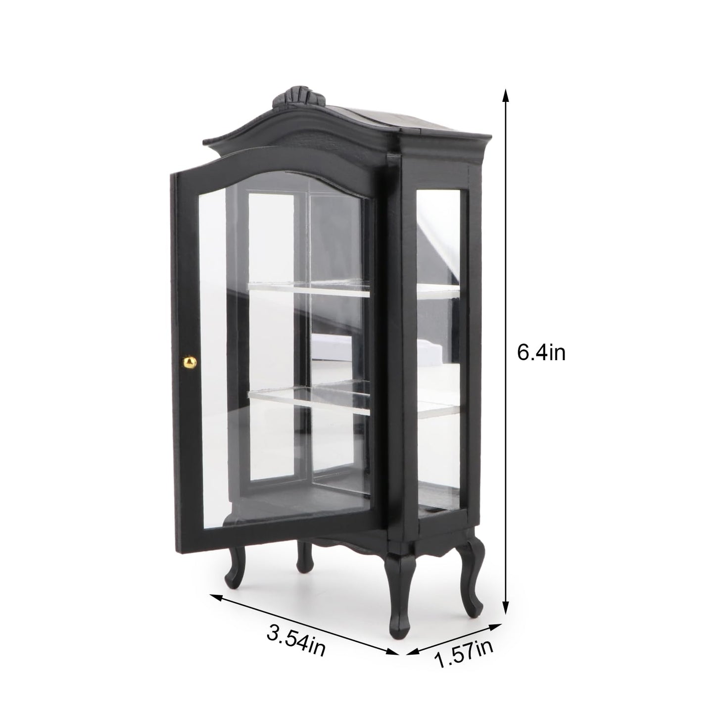 Miniature Furniture Display Shelf 1:12 Wooden Cabinet with Mirror & Three Shelves Bookshelf Dollhouse Display Stand Decoration Accessories Mini Diningroom Scene Ornaments (Black)