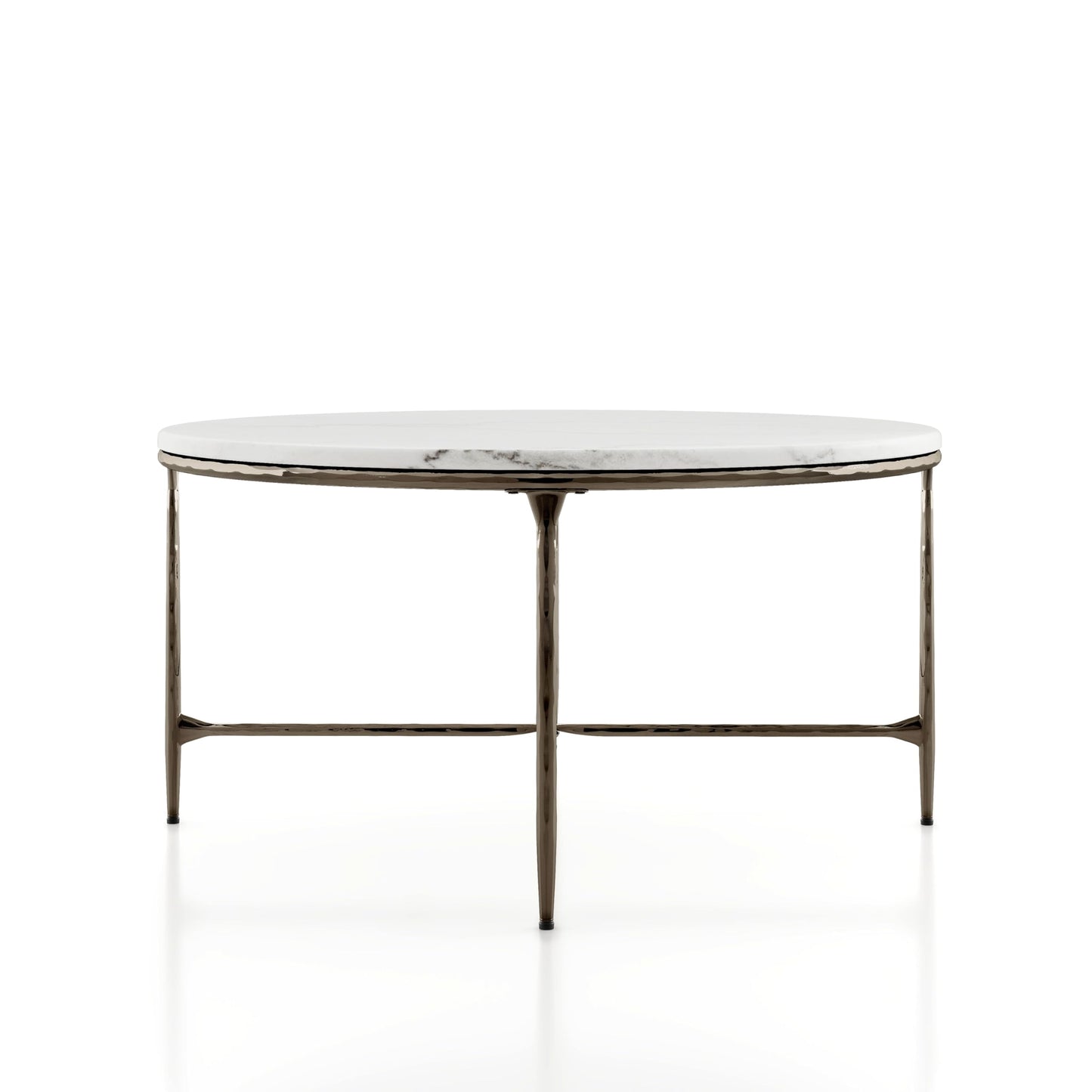 24/7 Shop at Home Aureum Modern 35-inch Round Marble Top Coffee Table with X-Brace, Hammered Dark Bronze Metal Frame for Living Room, Office, White