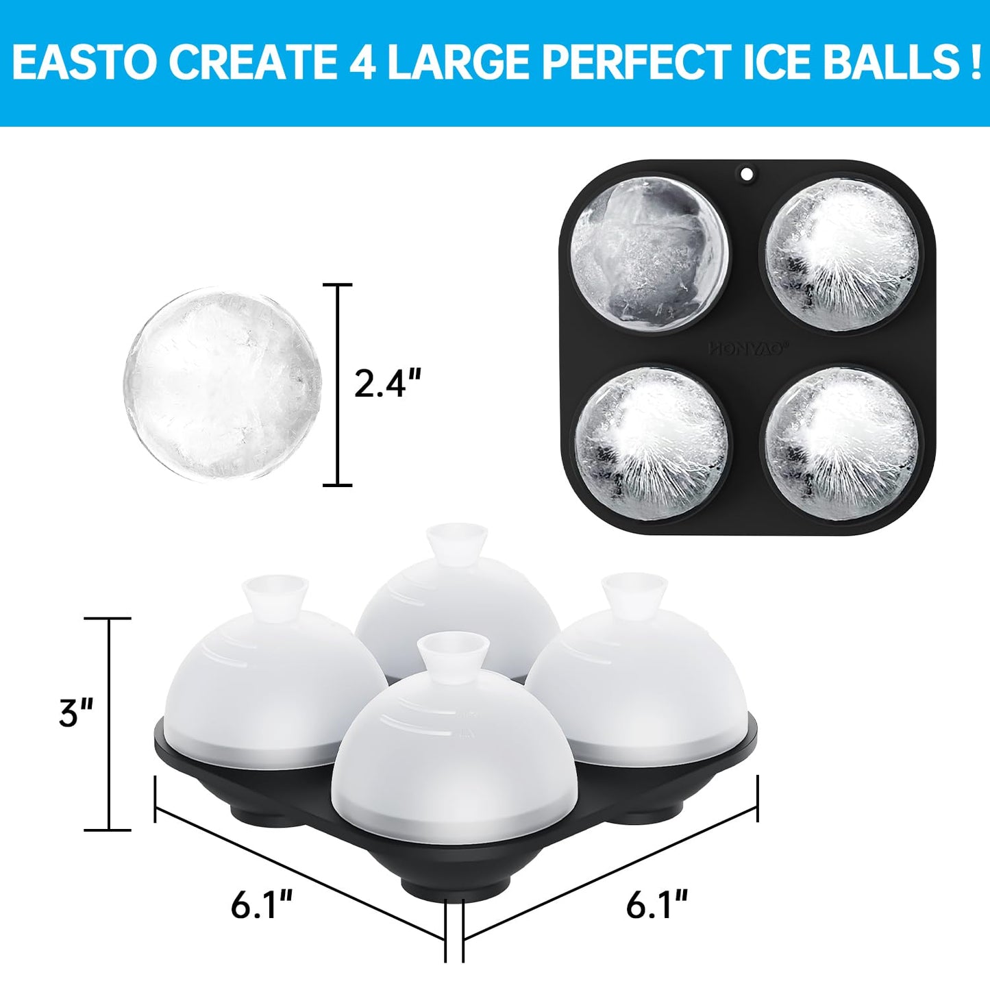 HONYAO Silicone Whiskey Ice Ball Mold - 2.4 Inch Large Ice Cube Trays Molds Silicone with Lids - Ice Sphere Maker for Cocktails, Bourbon, Rum - 2 x 4 Iceballs
