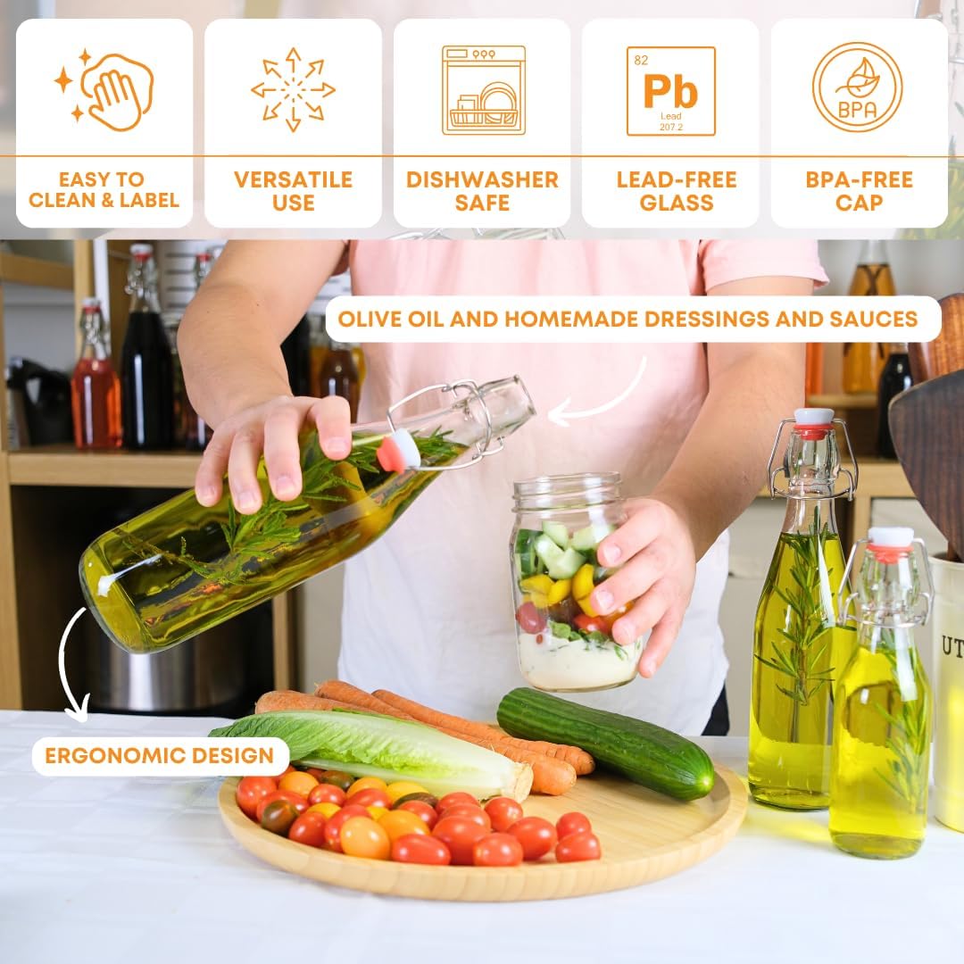 FastRack Swing Top Glass Bottles 16 oz (500ml) – 2 Pack | Clear Flip Top Bottles with Airtight Lids | Reusable Glass Containers for Olive Oil, Vinegar, Kombucha, Beer & Fermentation