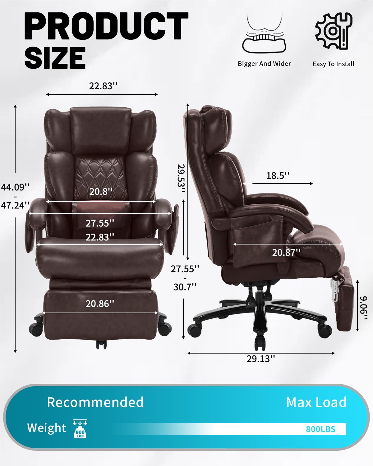 800LBS Massage Office Chair with Foot Rest & 8 Points Vibration Heat for Heavy People,Big and Tall Ergonomic Executive Reclining Desk Chairs for Home Office Managerial Use (Brown)