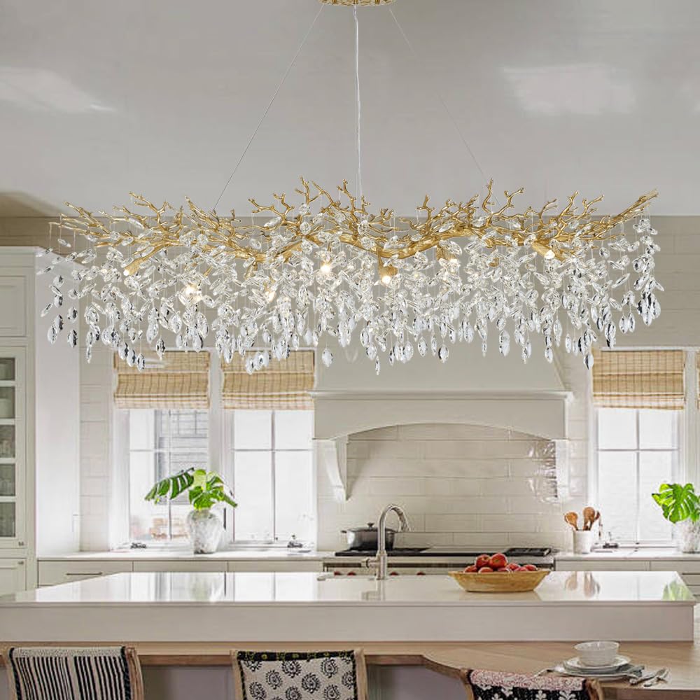 TMAFON Modern Gold Crystal Chandeliers Chandeliers - L63 inch Rectangular Golden Tree Branches Ceiling Pendant Light Fixtures, Luxury K9 Raindrop for Dining Room