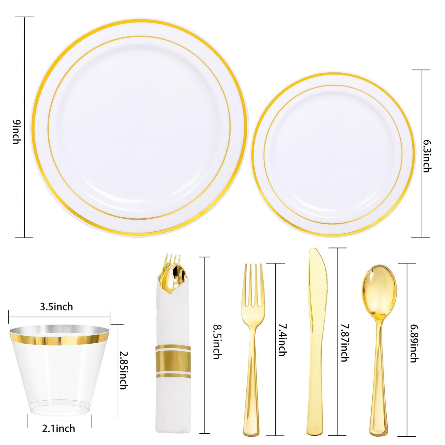WDF Partyware 350Piece Gold Dinnerware Set for 50 Guests - Gold Plastic Plates with Disposable Cutlery - 50Dinner Plates-50Dessert Plates-50Pre Rolled Napkins with Silverware for Wedding/Mother's Day
