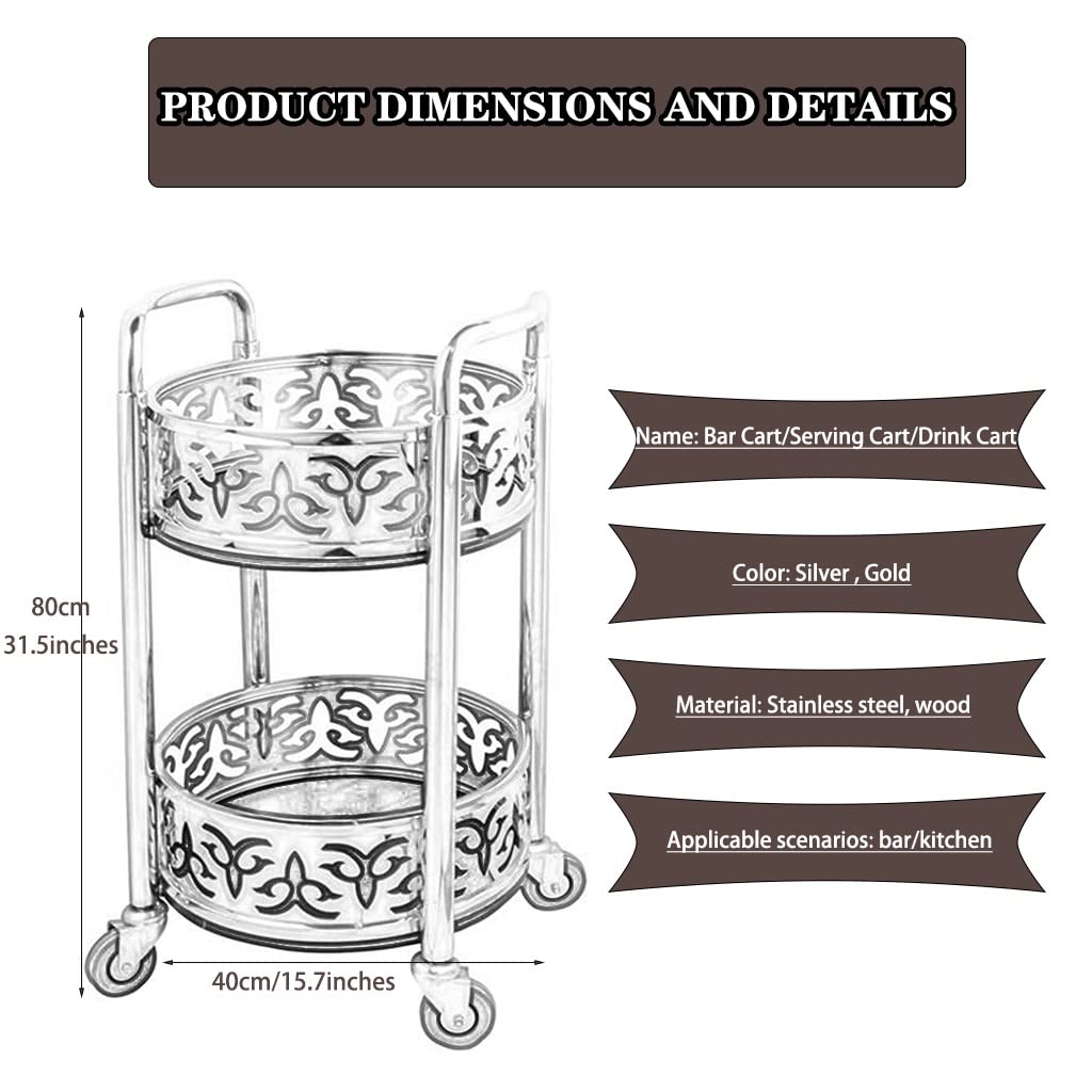 FGQuelleBM 2-Tier Serving Cart with Ornate Cut-Out Design, Mobile Beverage Cart Features Dual Handles, Crafted from Stainless Steel and Wood(Gold)