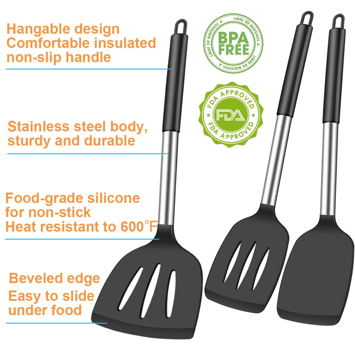 KLAQQED 3Pcs Silicone Spatula Set Heat Resistant Spatulas for Nonstick Cookware Fish Turner Plastic Spatulas Rubber Wok Spatula, Long Large Spatula Silicone Cooking Use Kitchen Utensils Set
