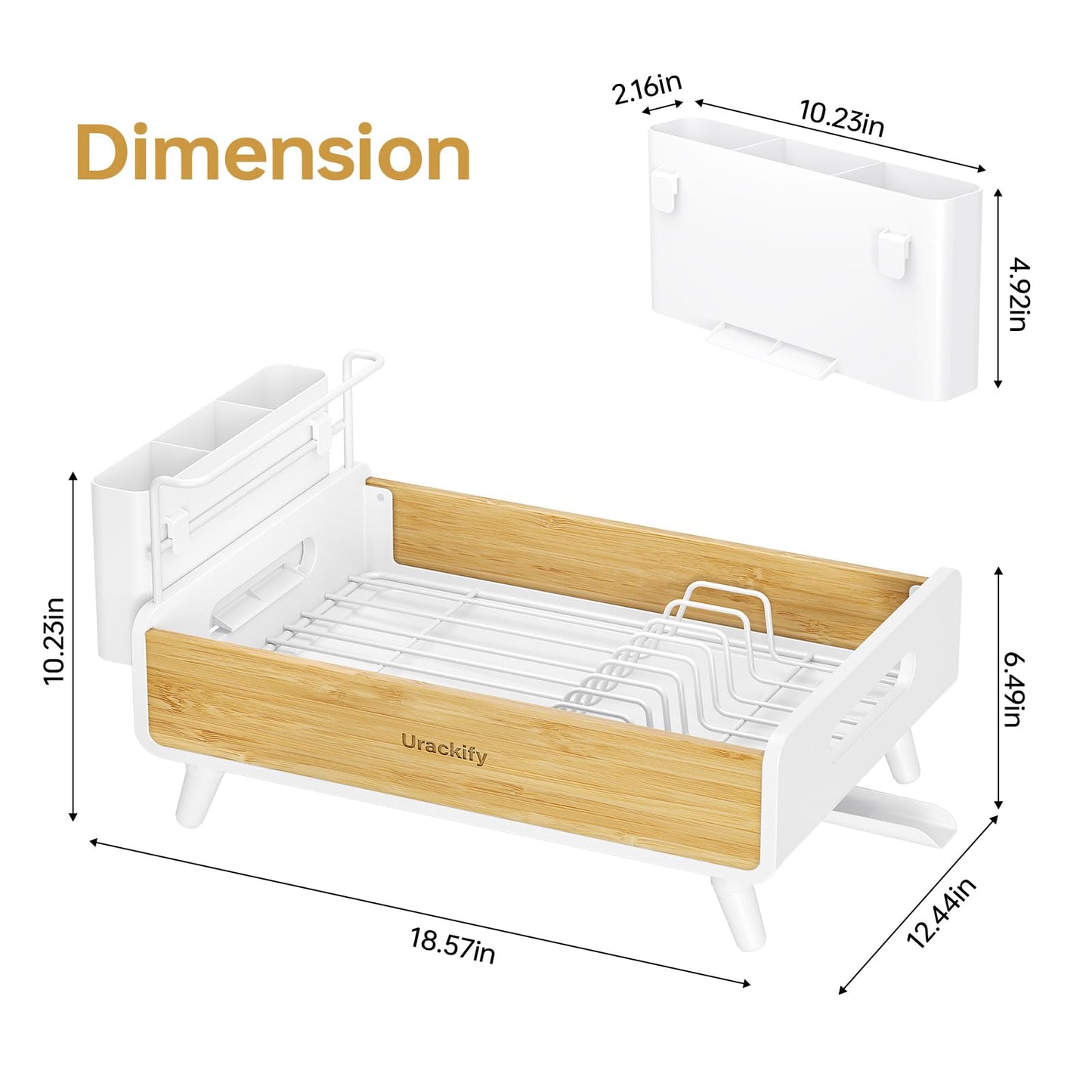 Urackify Dish Drying Rack for Kitchen Counter - Stainless Steel & Bamboo Dish Rack with Large Removable Utensil Holder, Dish Drainer with Adjustable Automatic Spout, White