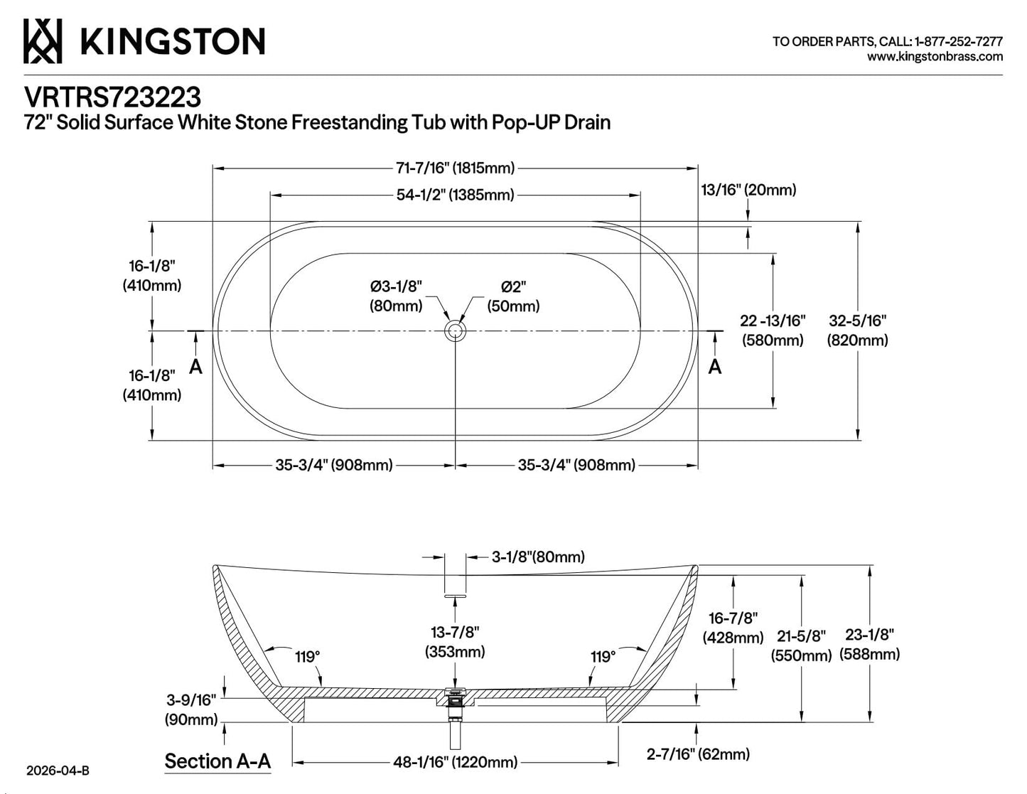 Kingston Brass VRTRS723223 Aqua Eden 72-Inch Solid Surface Resin Free Standing Tub with Drain Kit, 71-7/16" L x 32-5/16" W x 22-13/16" D, Matte White
