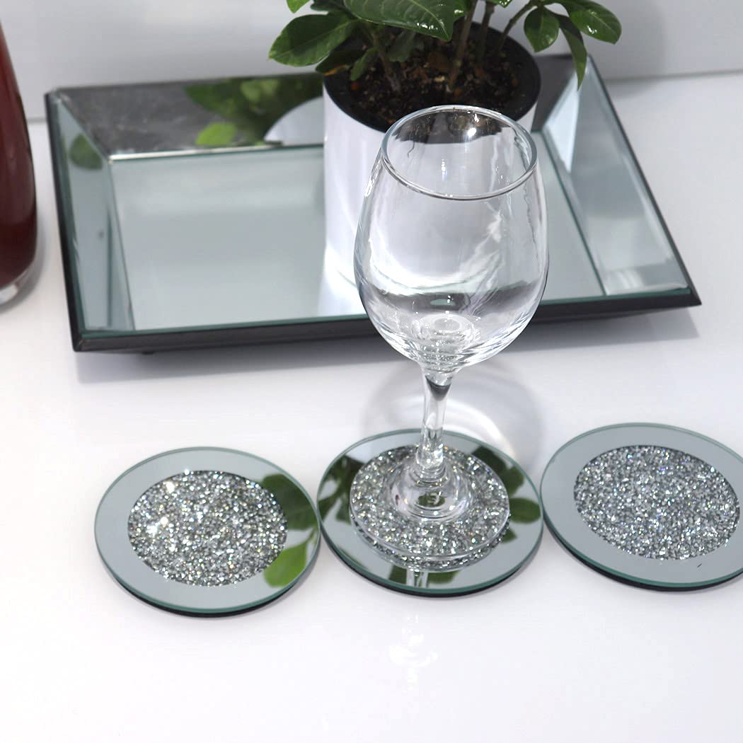GIMORRTO Glass Mirrored Coaster 4 PC, Crushed Diamond Round 4" Cup Mat Decor on Tabletop for Bar Tools Dining Table