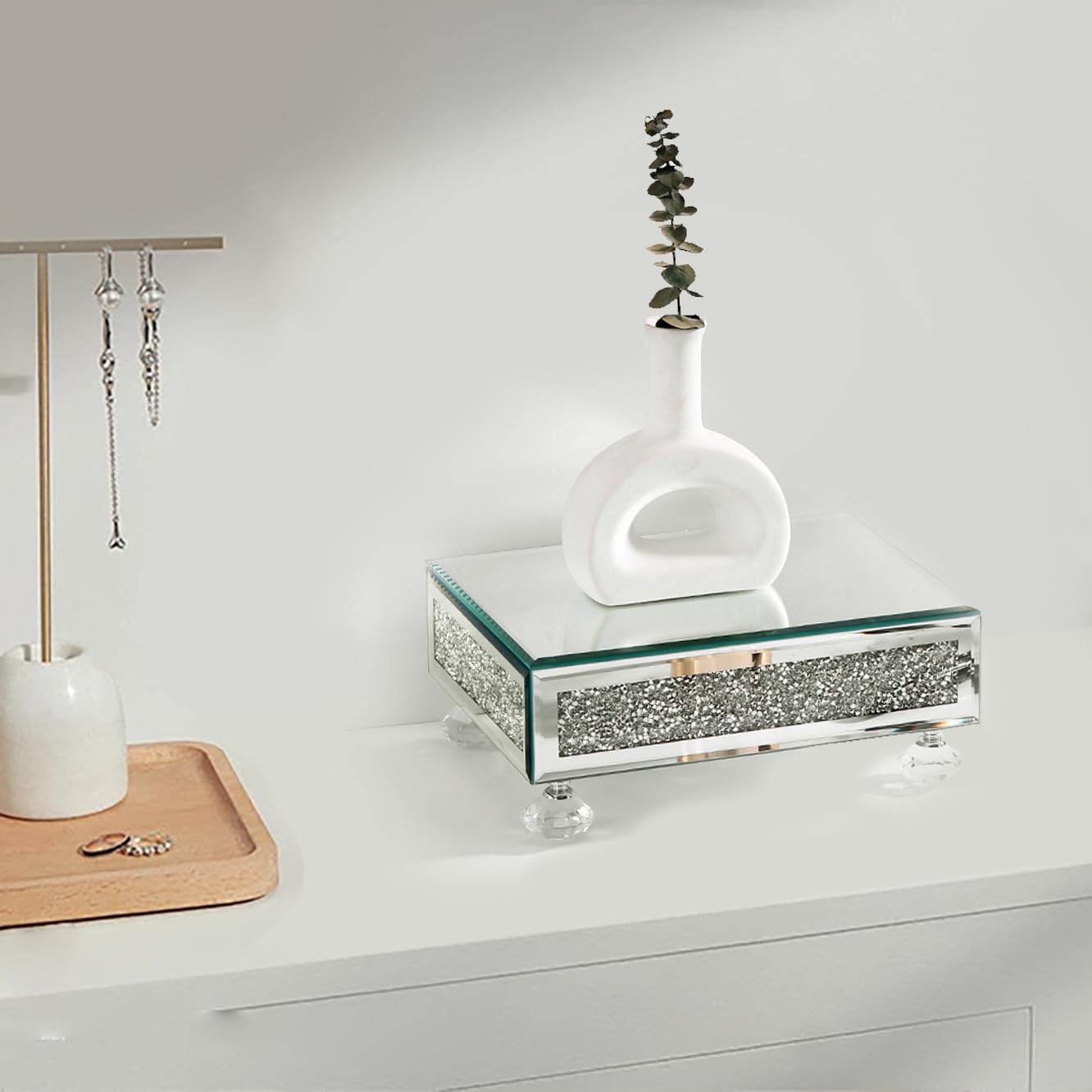 TACIDON Glass Mirrored Riser for Kitchen Sink, Bathroom Counter Modern Decor. Crystal Pedestal Stand for Displays. Crushed Diamond Bling Decor Tray.(Silver)