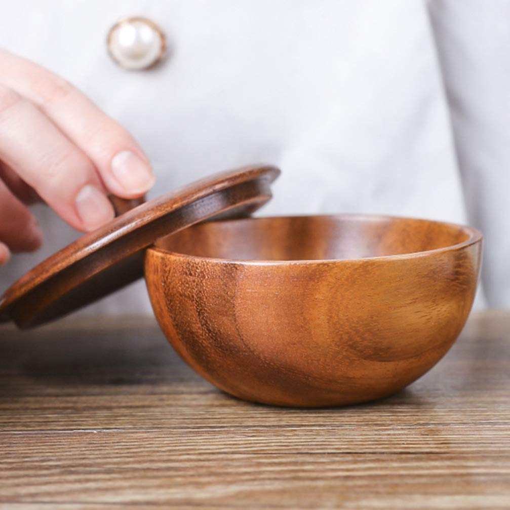 Hemoton Wooden Rice Bowl with Lid 3.14 Inch Acacia Wood Seasoning Bowl Food Container for Kids and Adults Safe Practical Kitchen Dining