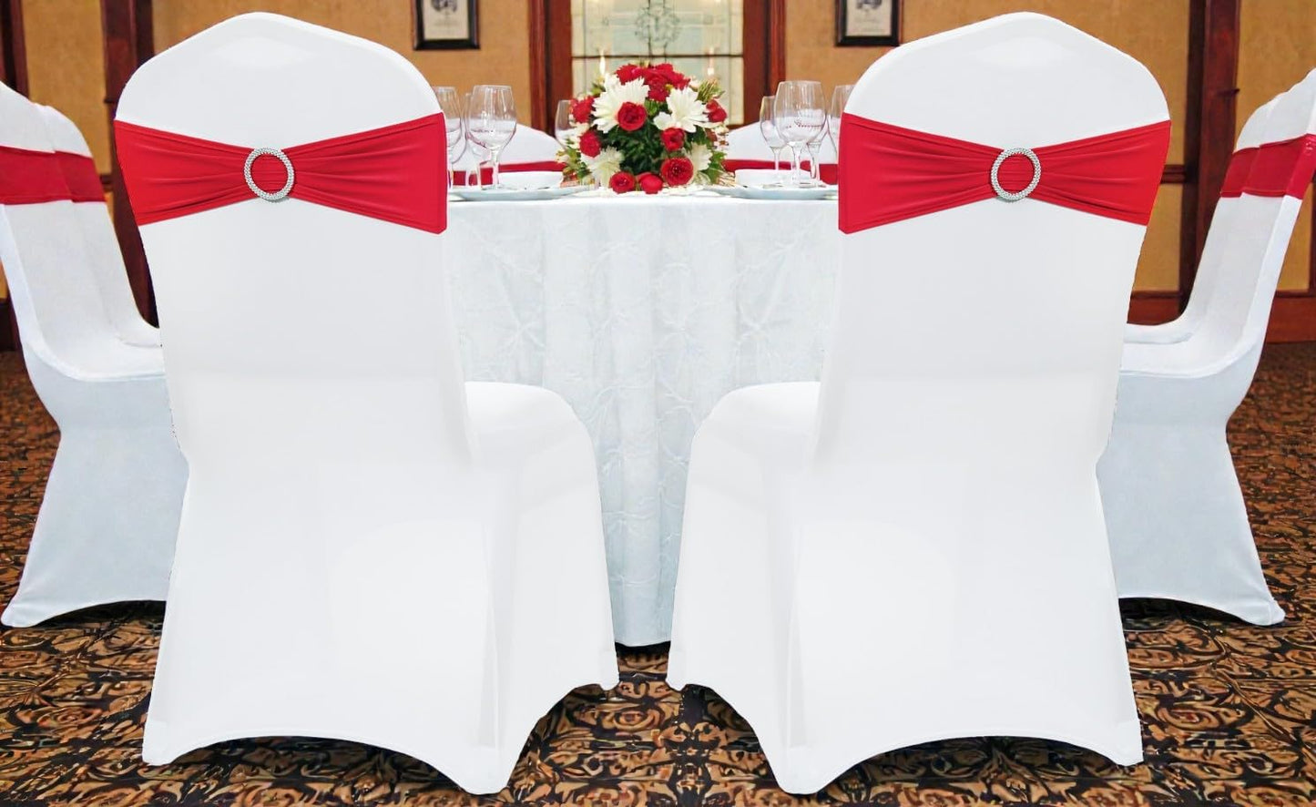MDS Premium Spandex Chair Sashes - Stretchy Bow Covers with Buckle Slider | Universal Fit for Weddings & Events - Red