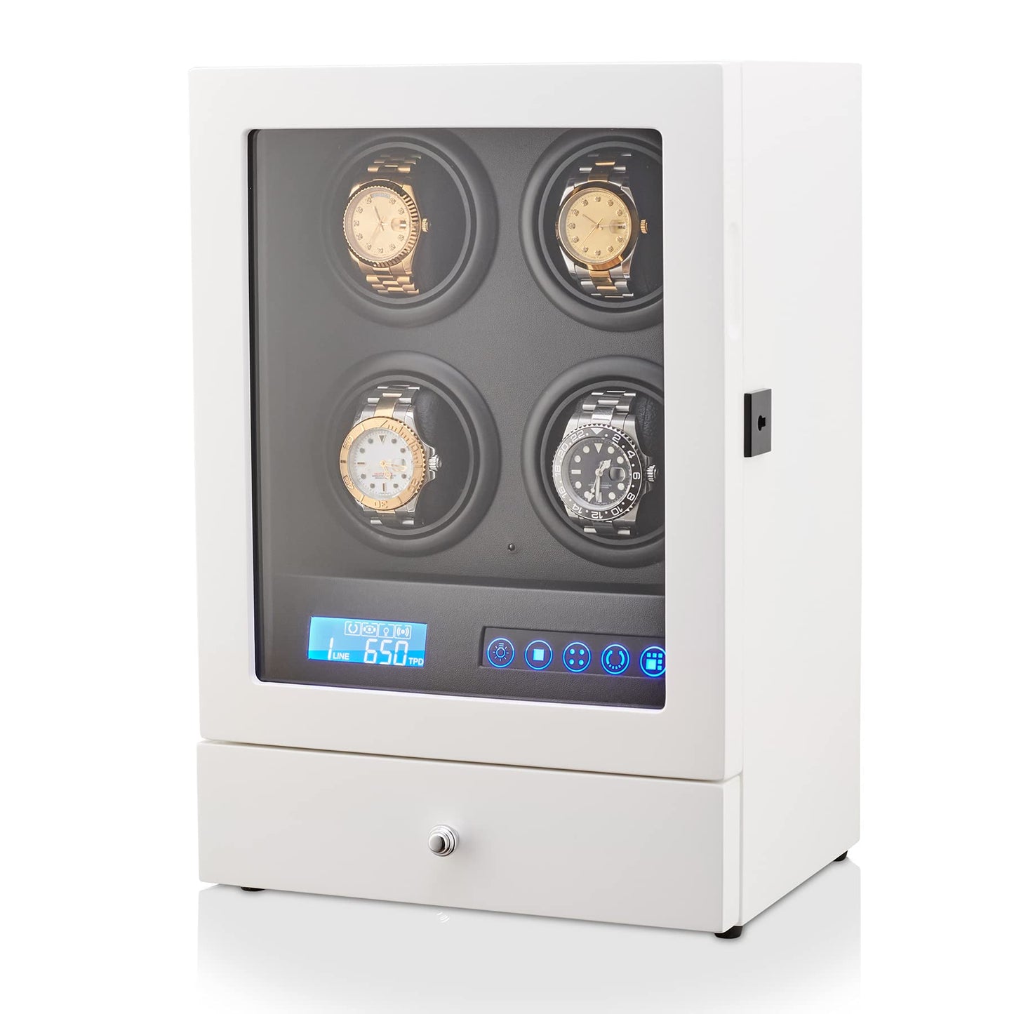 Automatic Watch Winder with LED Light, Storage Drawer and LCD Touchscreen Control (White)