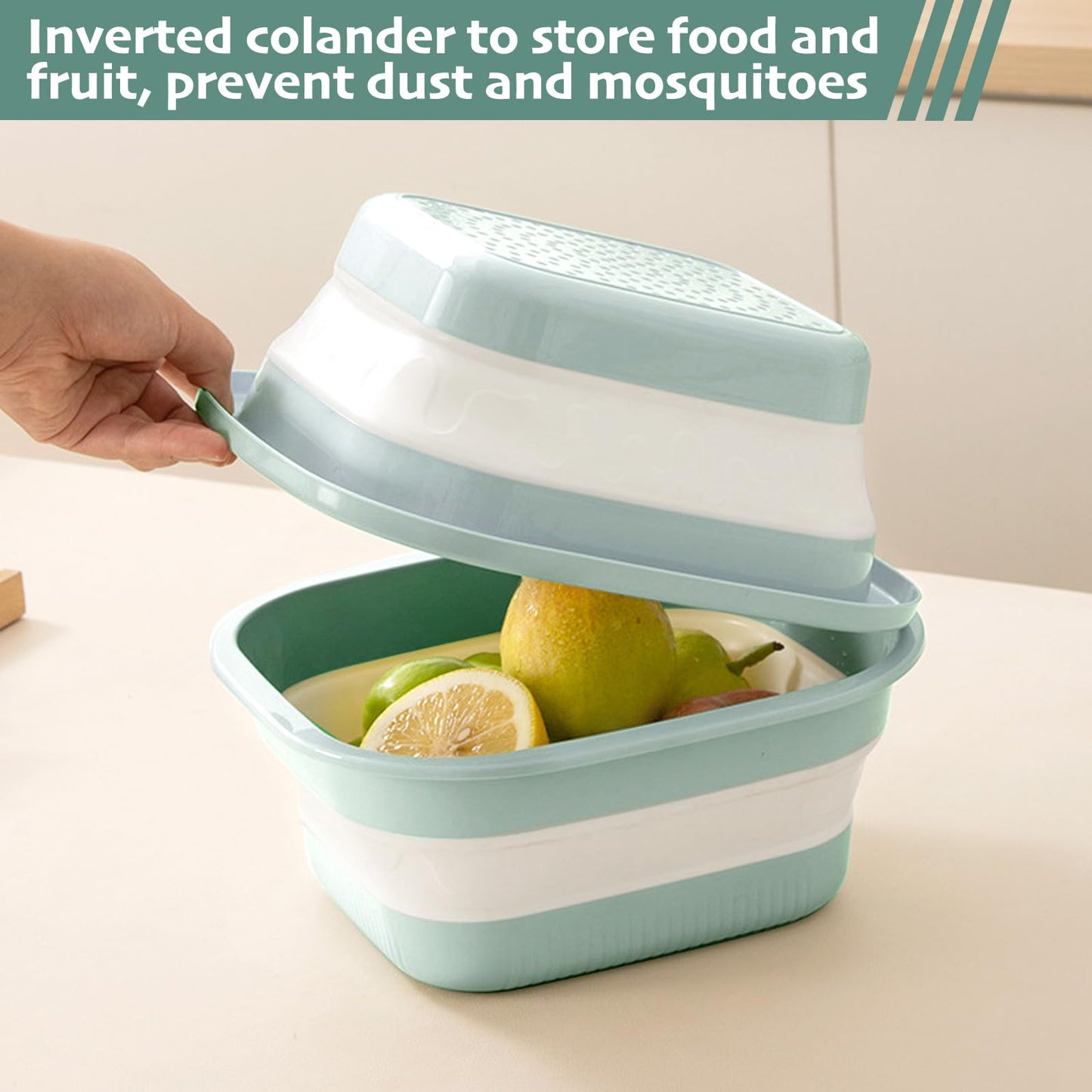 Monbalcon Collapsible Colander and Sink Basin Set - 2 in 1 Collapsible Colander Strainer with Collapsible Wash Basin for Kitchen, RV Camping, Foldable Fruit Vegetable Washing Basket, 8 QT, Blue