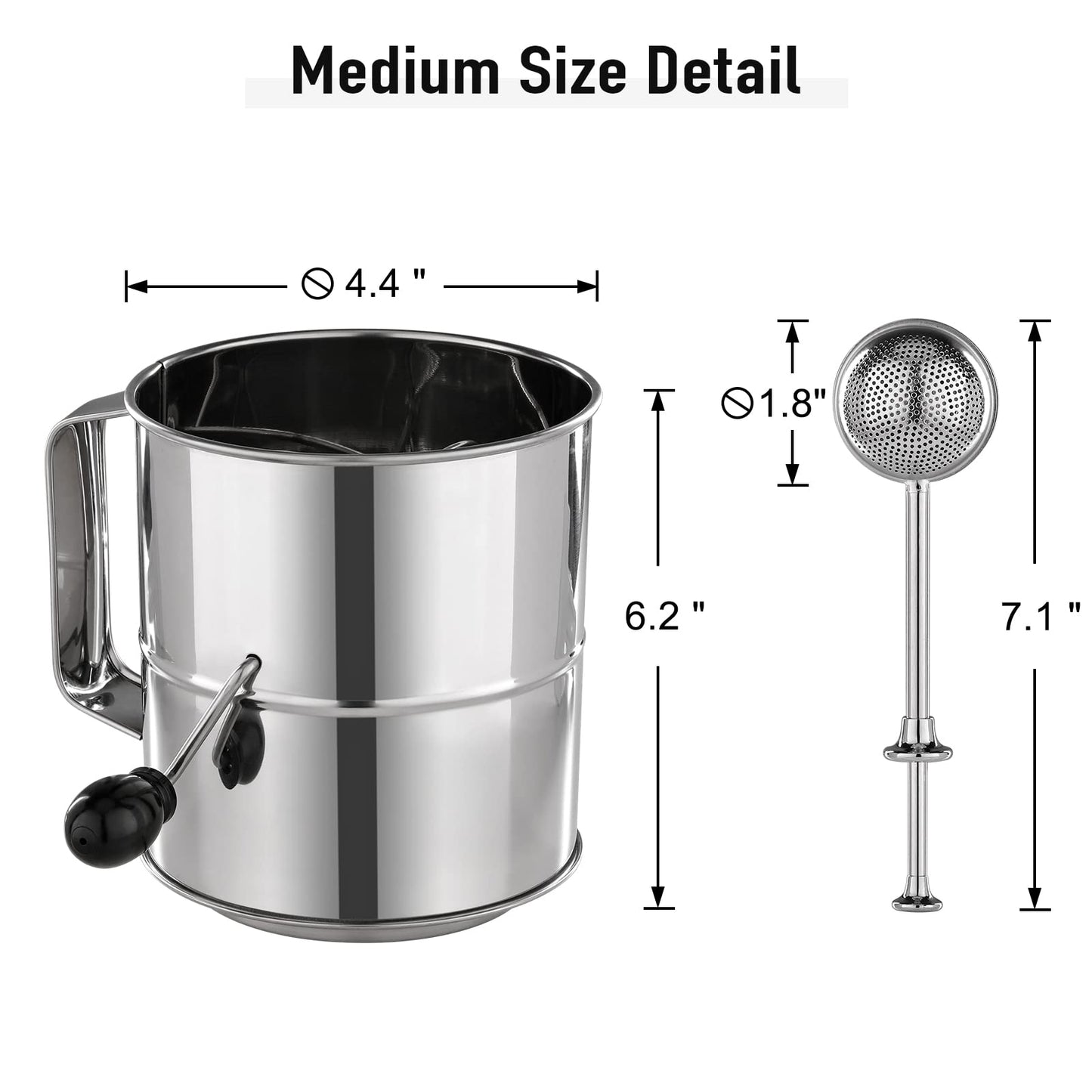 PIQUEBAR Flour Sifter - 5 Cup Fine Mesh Hand Crank Sifter Stainless Steel with Agitator Wire Loop for Baking, Powdered Sugar Duster Set
